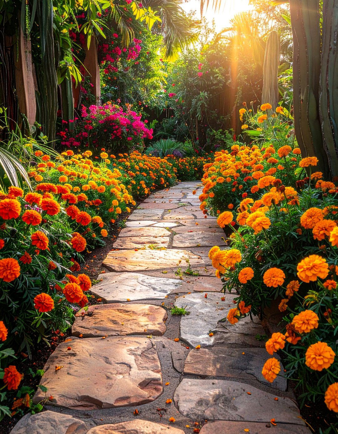 Vibrant Marigold Flower Beds in a Mexican Garden - 25 Mexican Garden Ideas for a Vibrant Outdoor Space