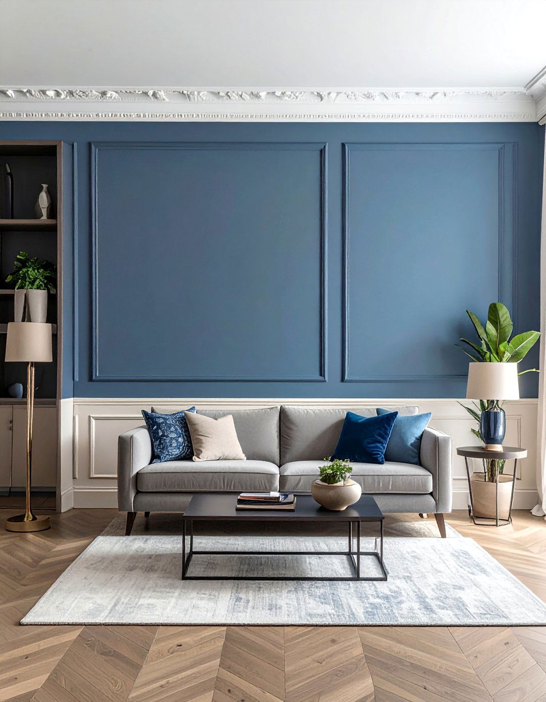Wainscoting with Blue Upper Walls - 20 Blue and Beige Living Room Ideas for a Calm Space
