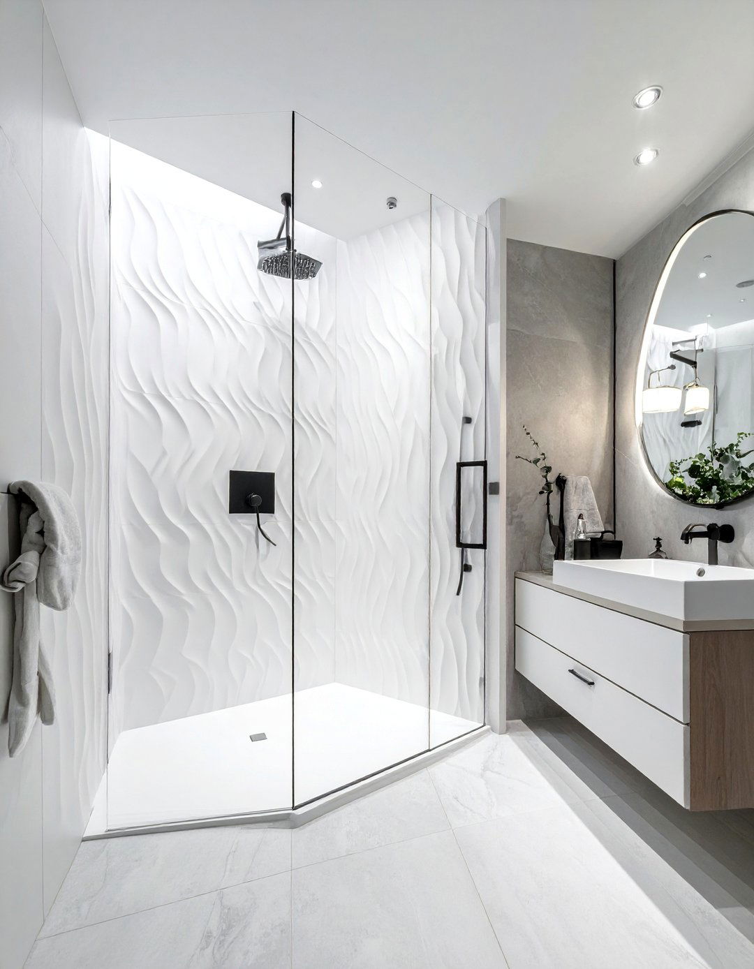 Walk in Shower Featuring 3D Textured Tiles - 30 Walk-in Shower Tile Ideas for a Luxurious Bathroom