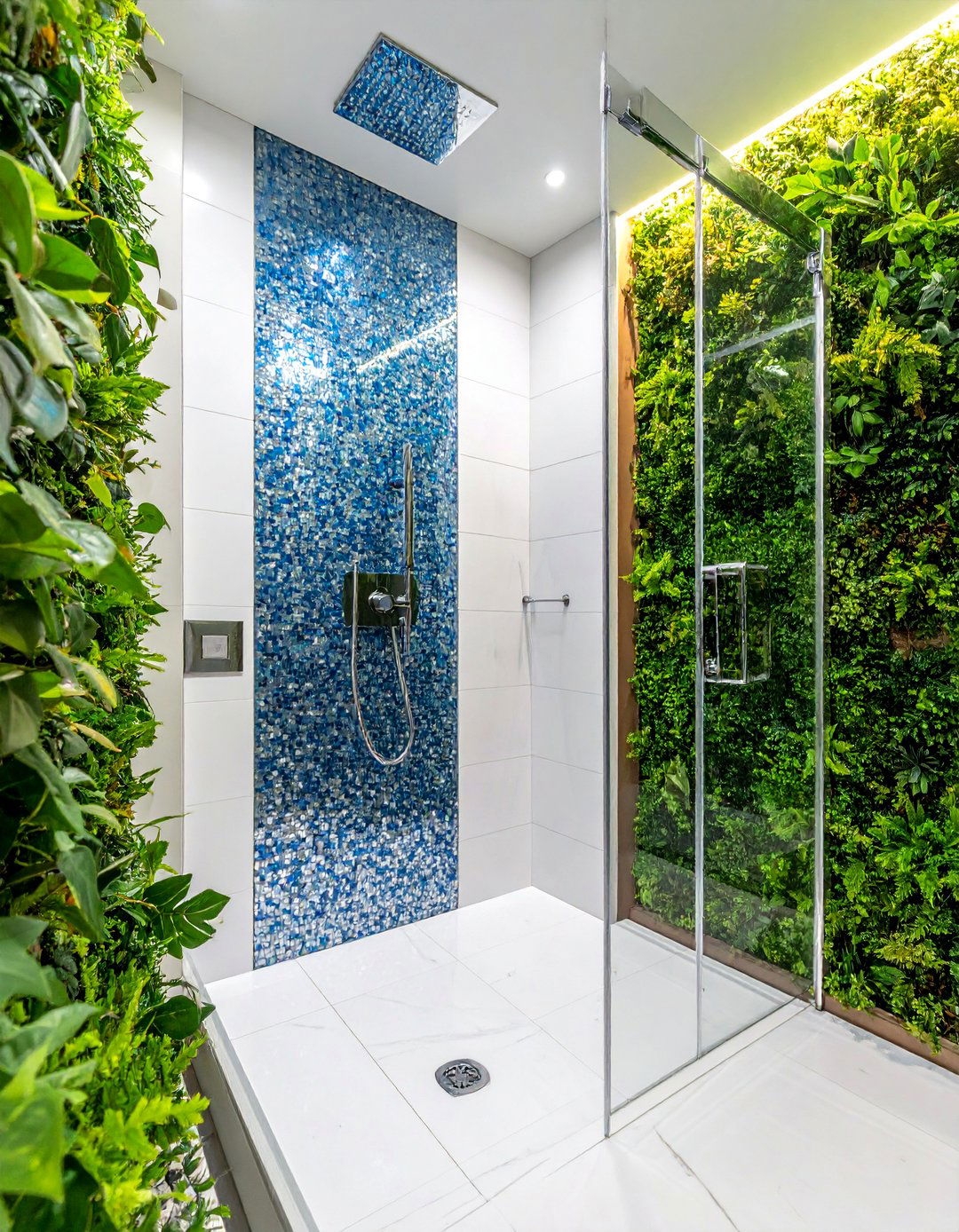 Walk in Shower with a Glass Mosaic Accent Stripe - 30 Walk-in Shower Tile Ideas for a Luxurious Bathroom