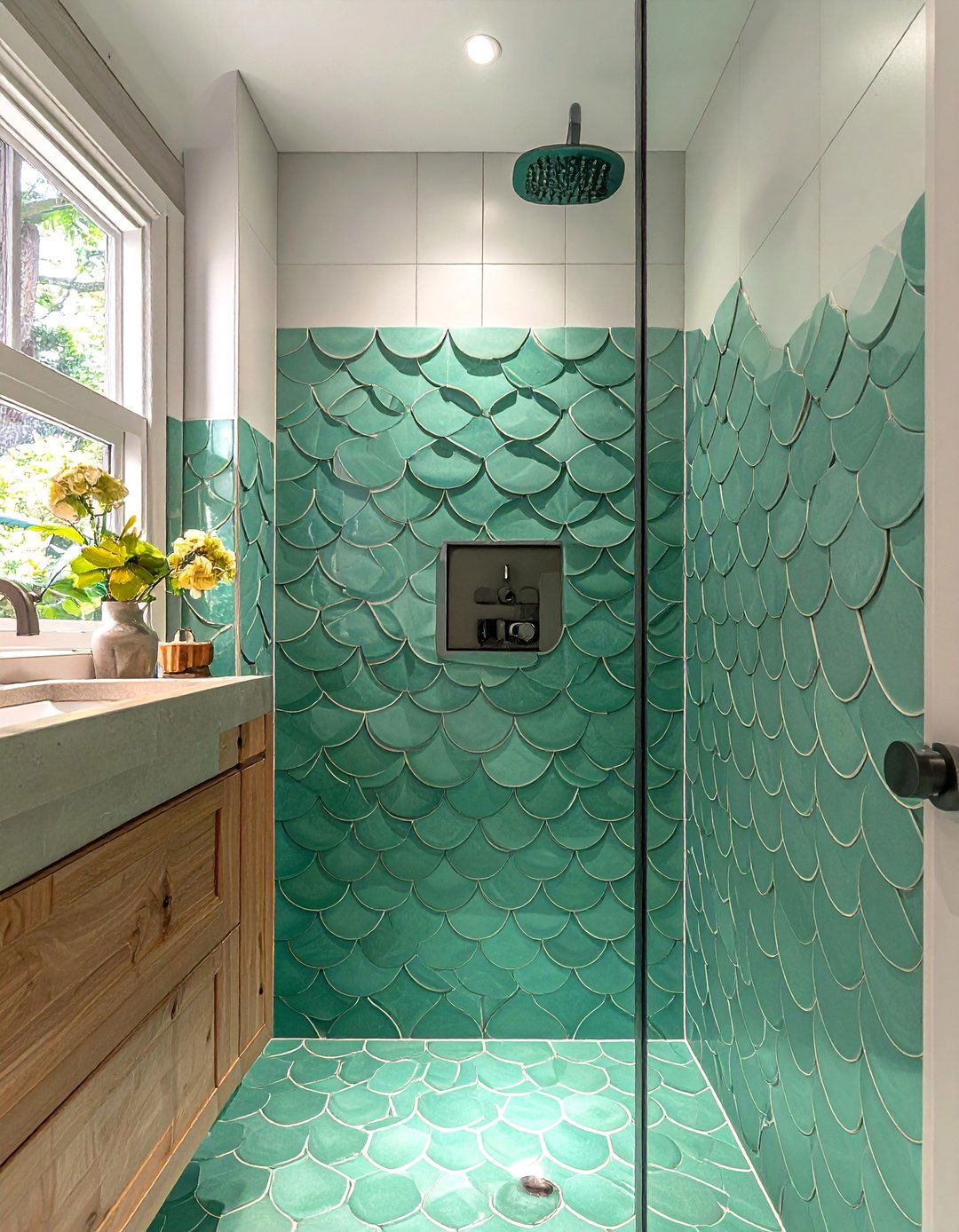 Walk in Shower with a Scalloped or Fish Scale Tile Wall - 30 Walk-in Shower Tile Ideas for a Luxurious Bathroom