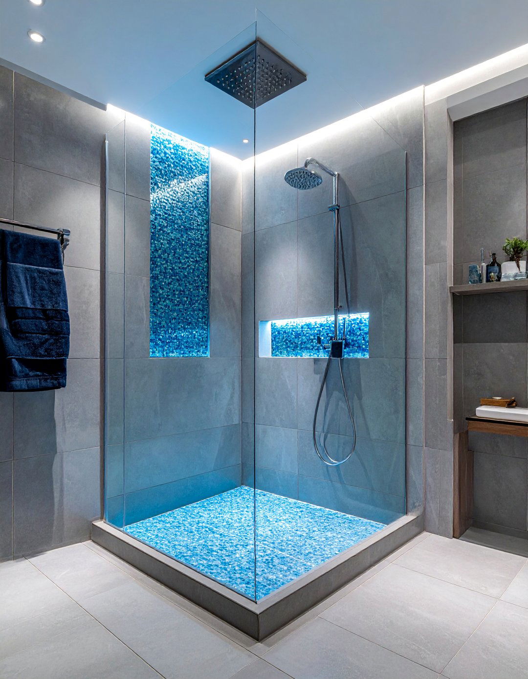 Walk in Shower with an Illuminated Tile Niche - 30 Walk-in Shower Tile Ideas for a Luxurious Bathroom
