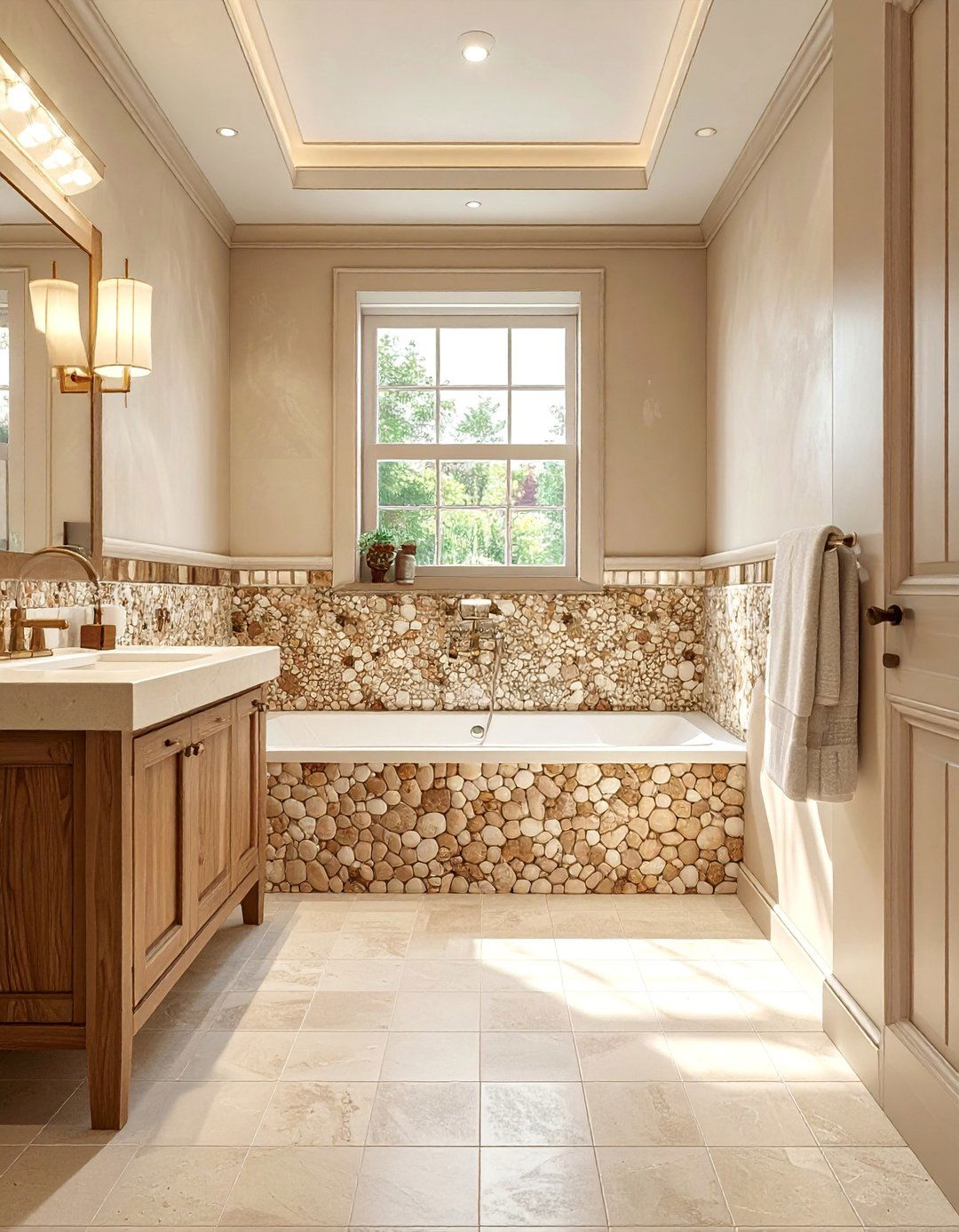 Warm Beige Classic Comfort - 20 Pebble Tile Bathroom Ideas for a Natural Look