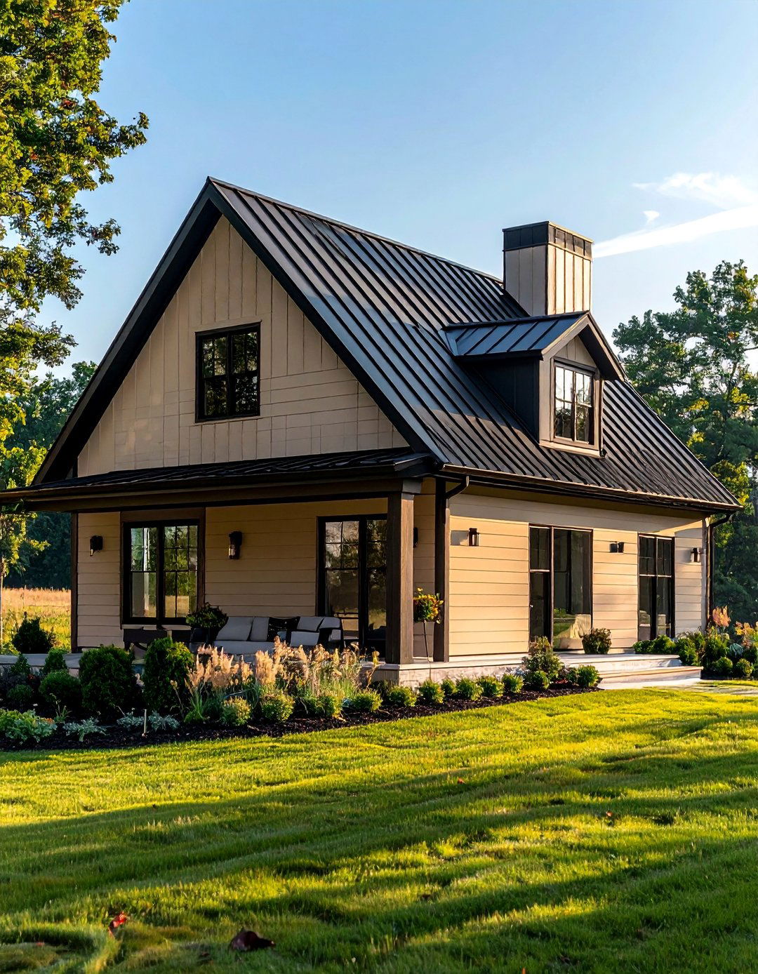 Warm Beige Siding with a Black Metal Roof - 30 Beige and Black House Exterior Ideas for Curb Appeal