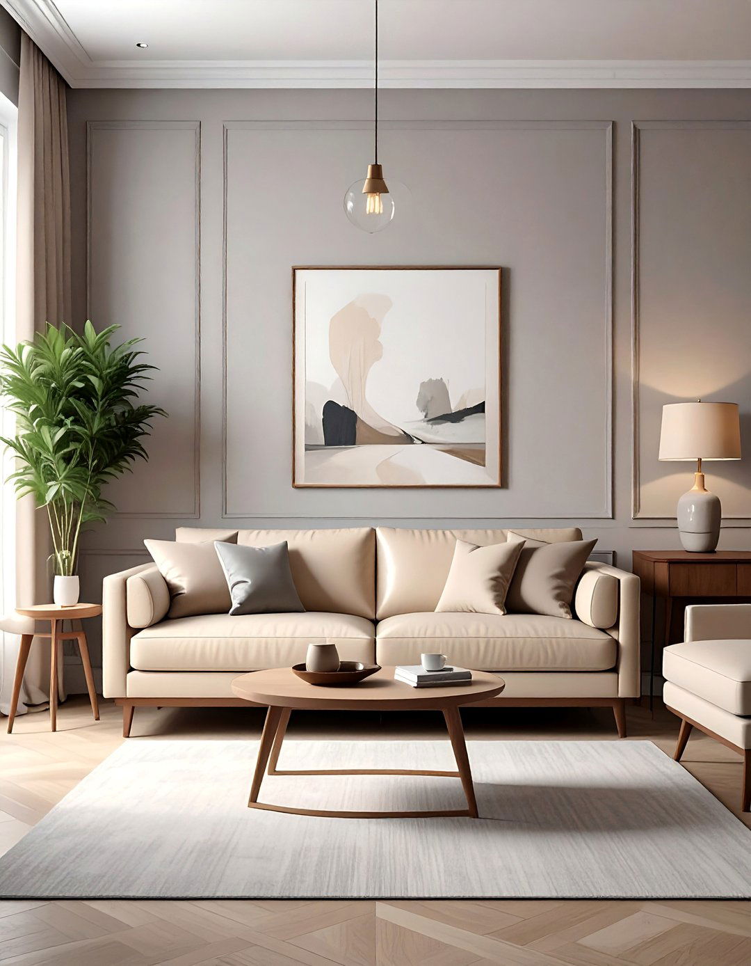 Warm Grey Paint with Beige Leather Furniture - 30 Grey and Beige Living Room Ideas for Warmth