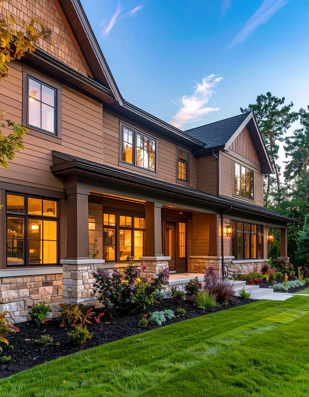 Warm Taupe Natural Clay Siding with Bronze Accents - 20 Home Designs Using Natural Clay Siding Colors