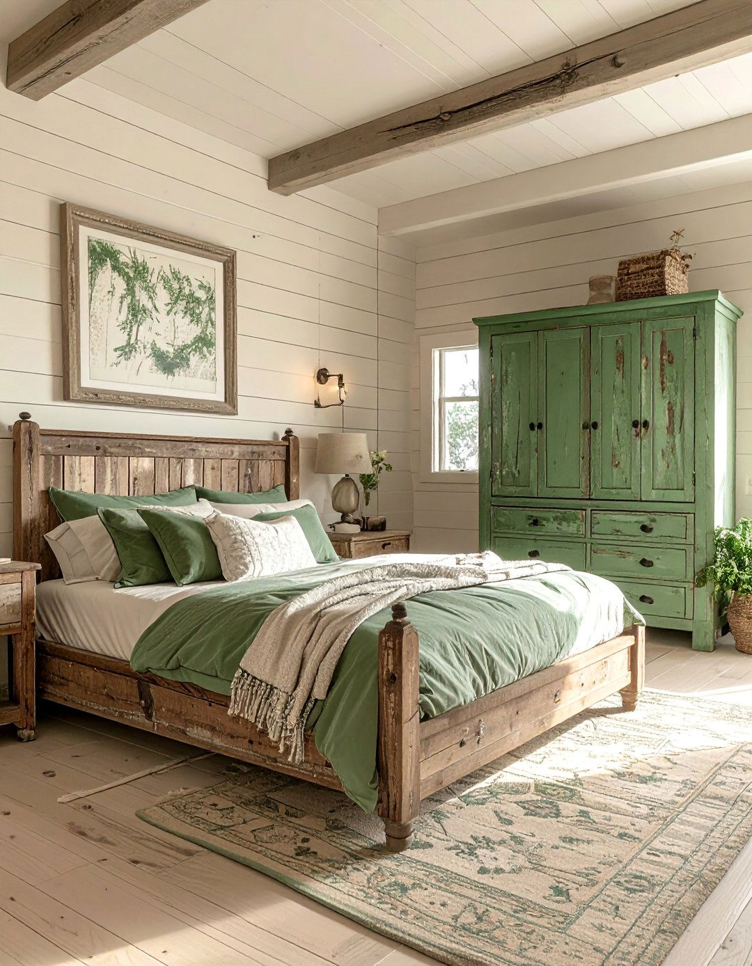 Washed Green and Beige Farmhouse Style - 30 Green and Beige Bedroom Ideas for Serenity