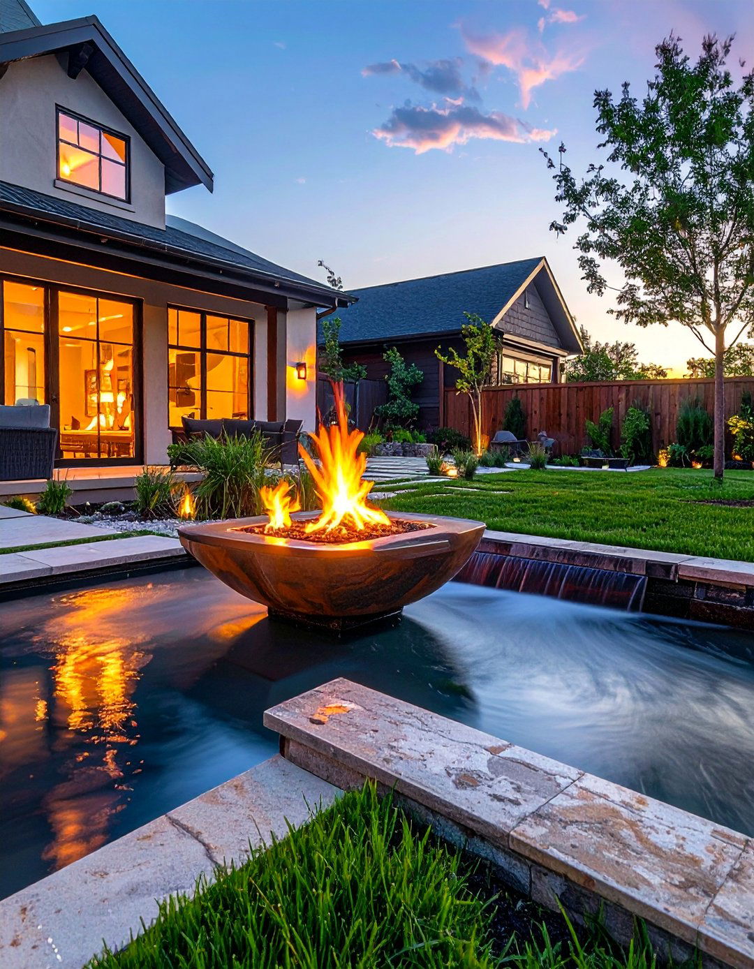 Water and Fire Combination Feature - 20 Front Yard Fire Pit Ideas for Cozy Evenings