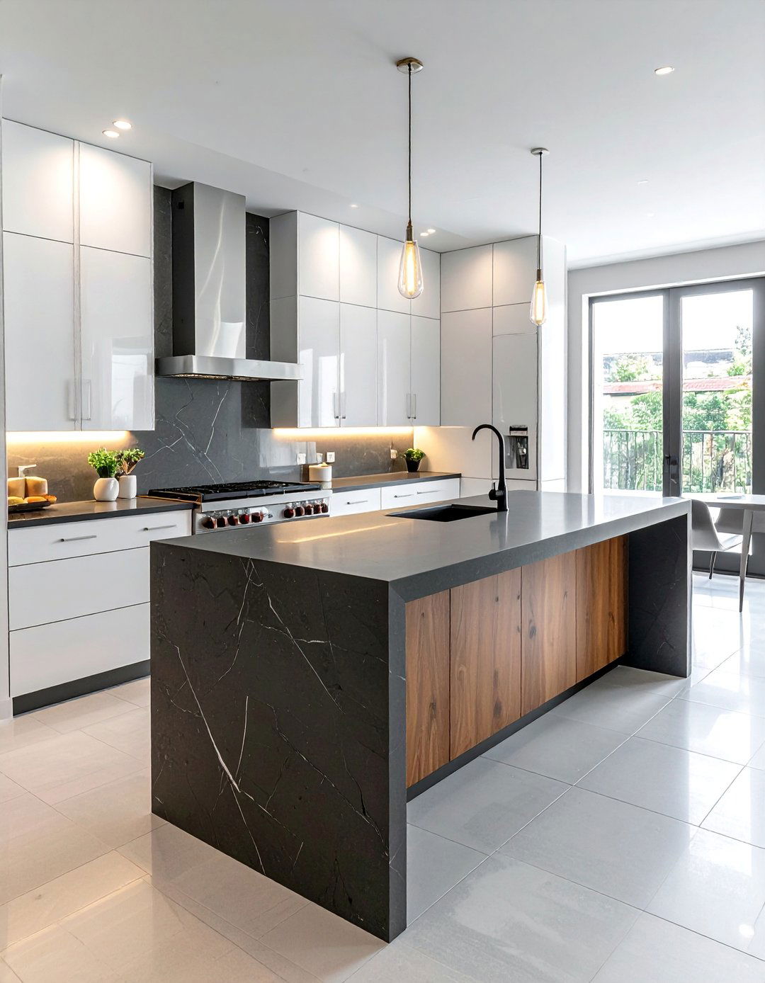 Waterfall Edge Dark Countertop with Light Cabinets - 20 Kitchen With Dark Countertops and Light Cabinets