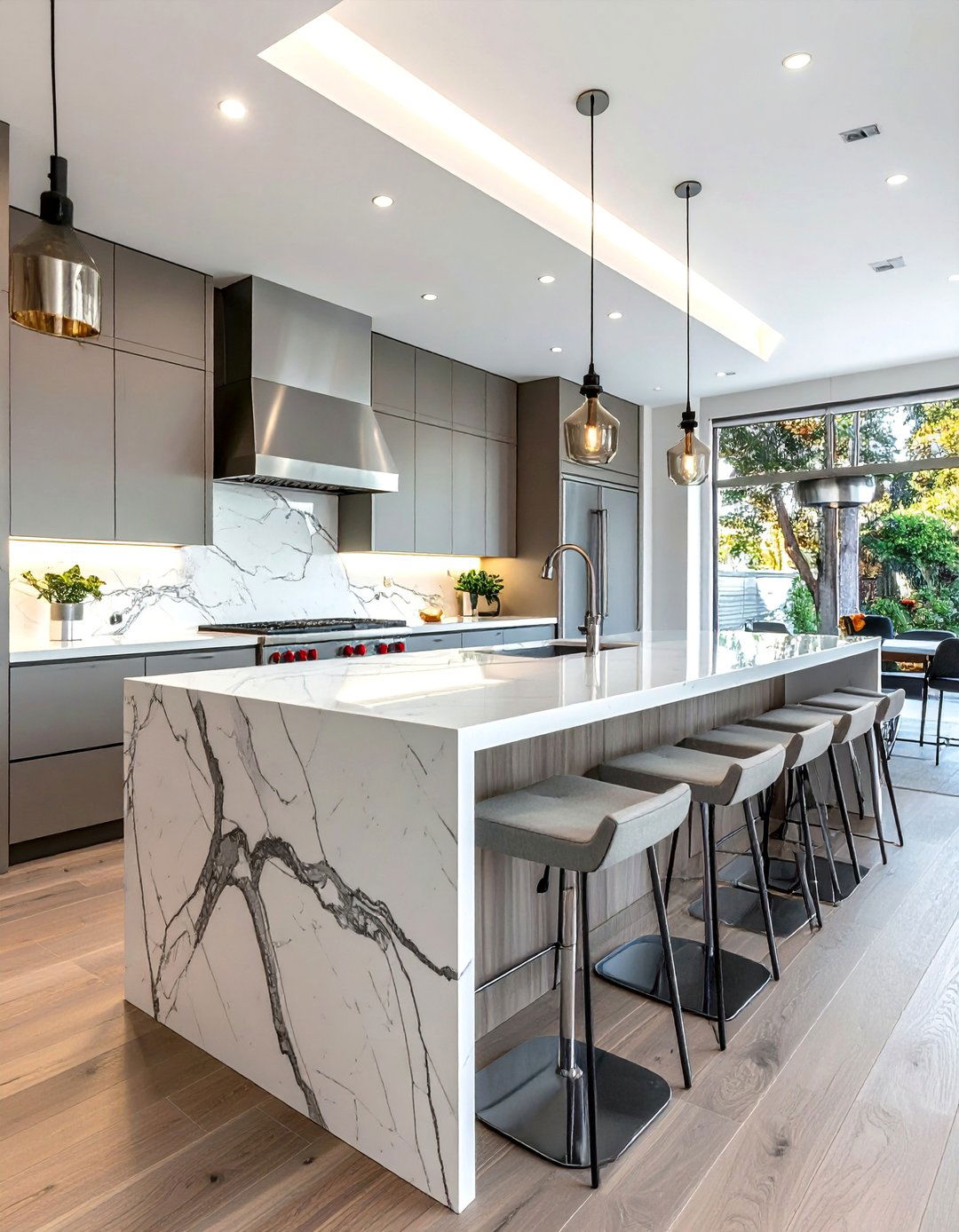 Waterfall Edge Quartz Kitchen Countertop Island - 20 Quartz Kitchen Countertops Ideas for Modern Homes