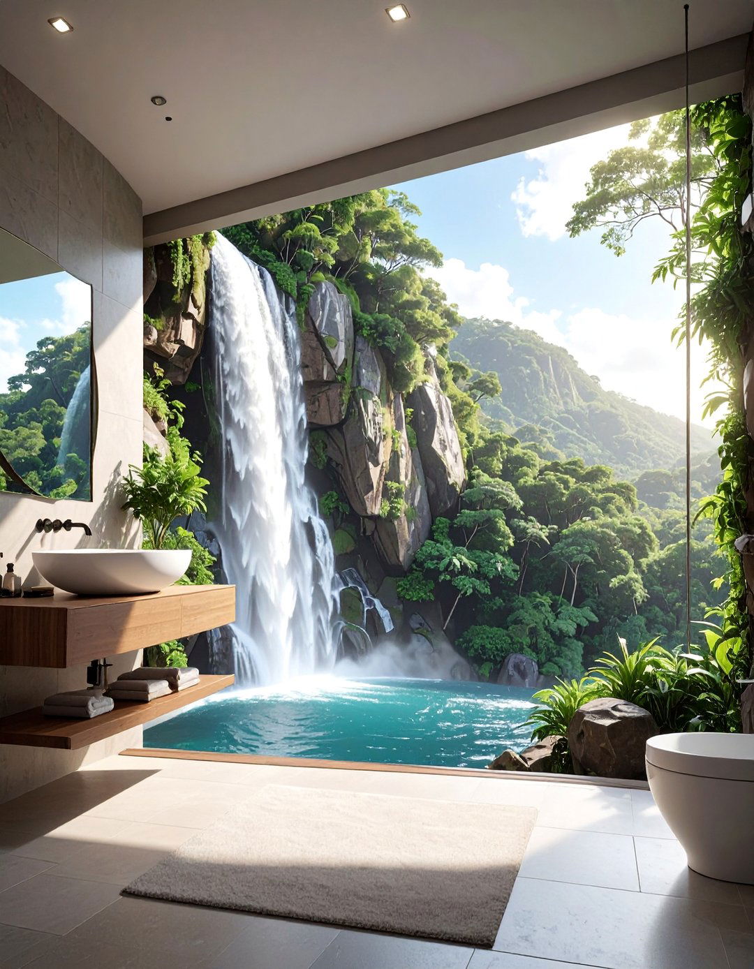 Waterfall Nature Scenes - 30 Bathroom Mural Ideas to Elevate Your Decor