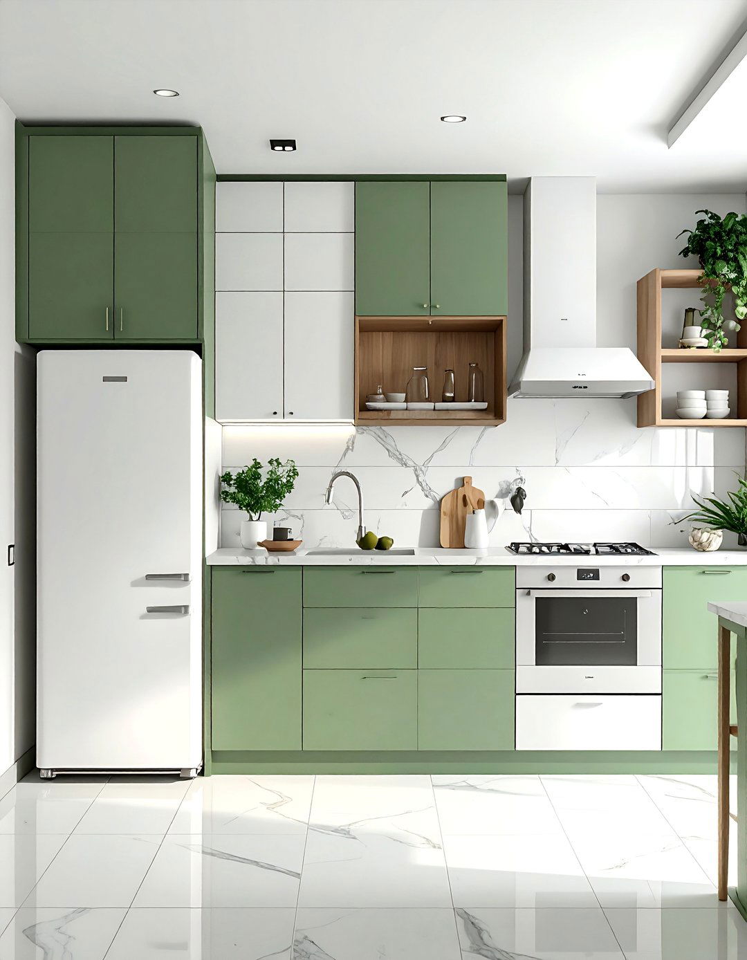White Appliances in a Sage Green Kitchen - 25 Sage Green and White Kitchen Ideas for Timeless Style