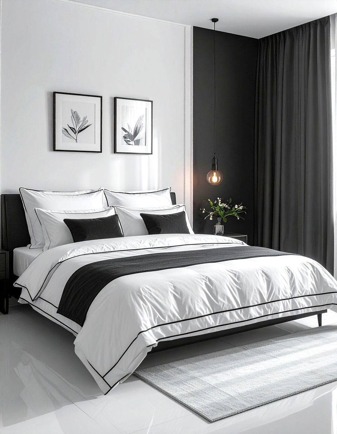 White Bedding with Black Piping - 40 Black and White Bedroom Ideas for Elegance
