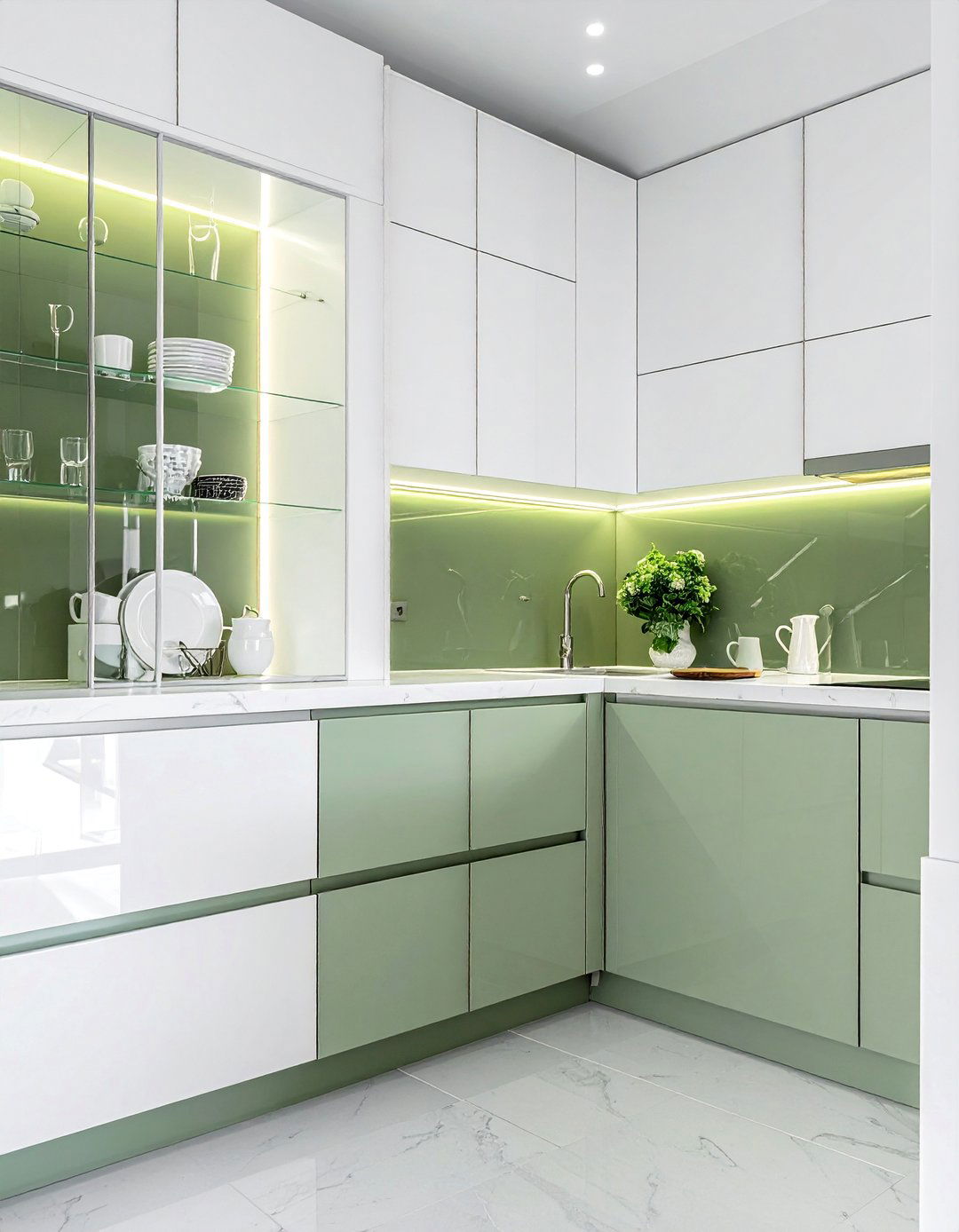White Cabinets with a Sage Green Interior - 25 Sage Green and White Kitchen Ideas for Timeless Style