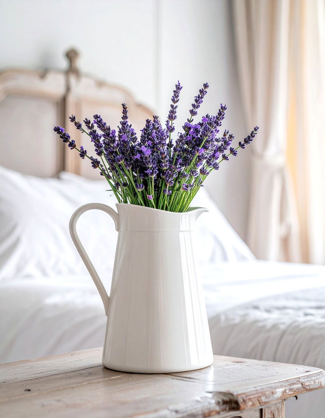 White Ceramic Pitcher with Fresh Flowers - 25 French Bedroom Decor Ideas for Elegant Spaces