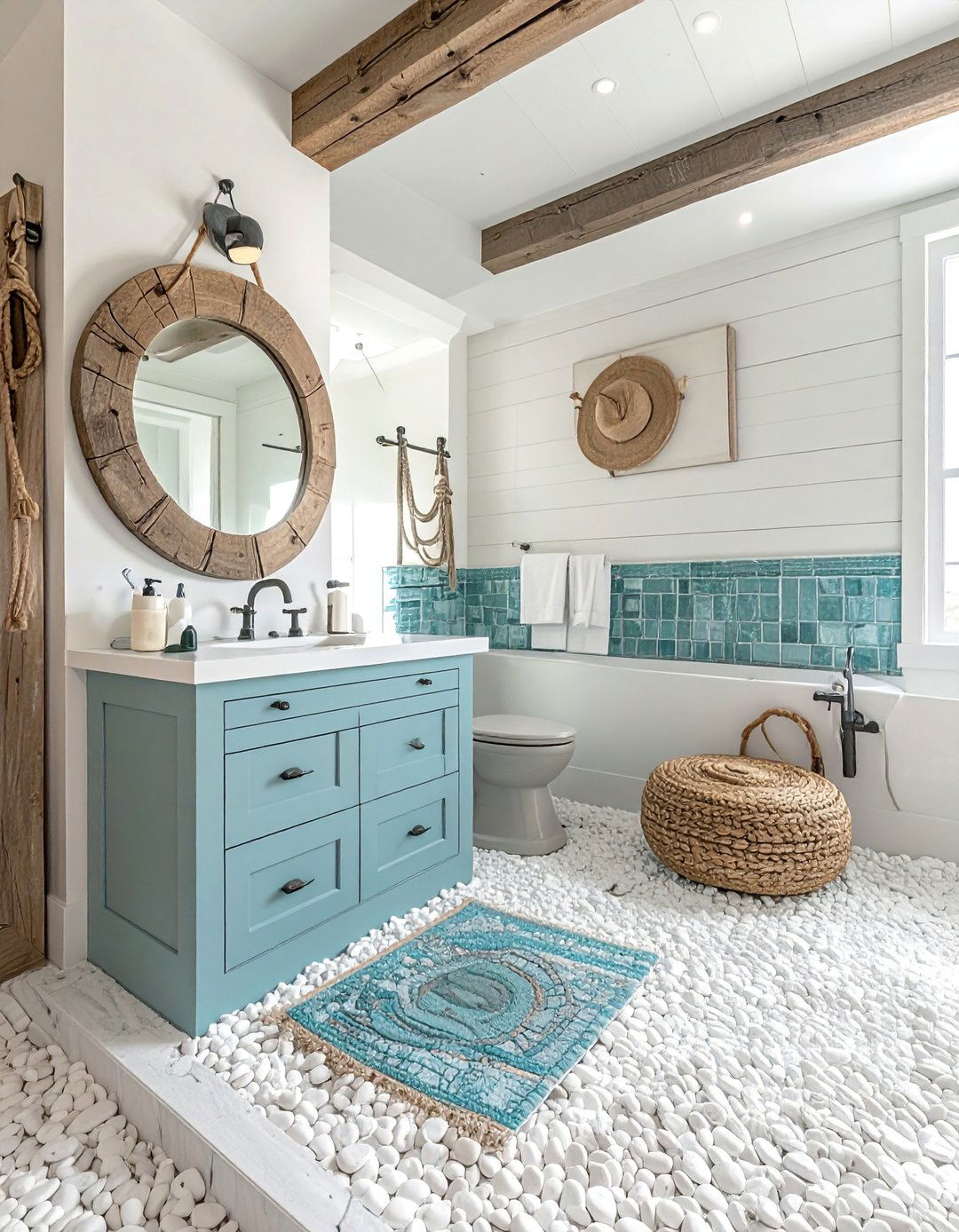 White Coastal Elegance Theme - 20 Pebble Tile Bathroom Ideas for a Natural Look