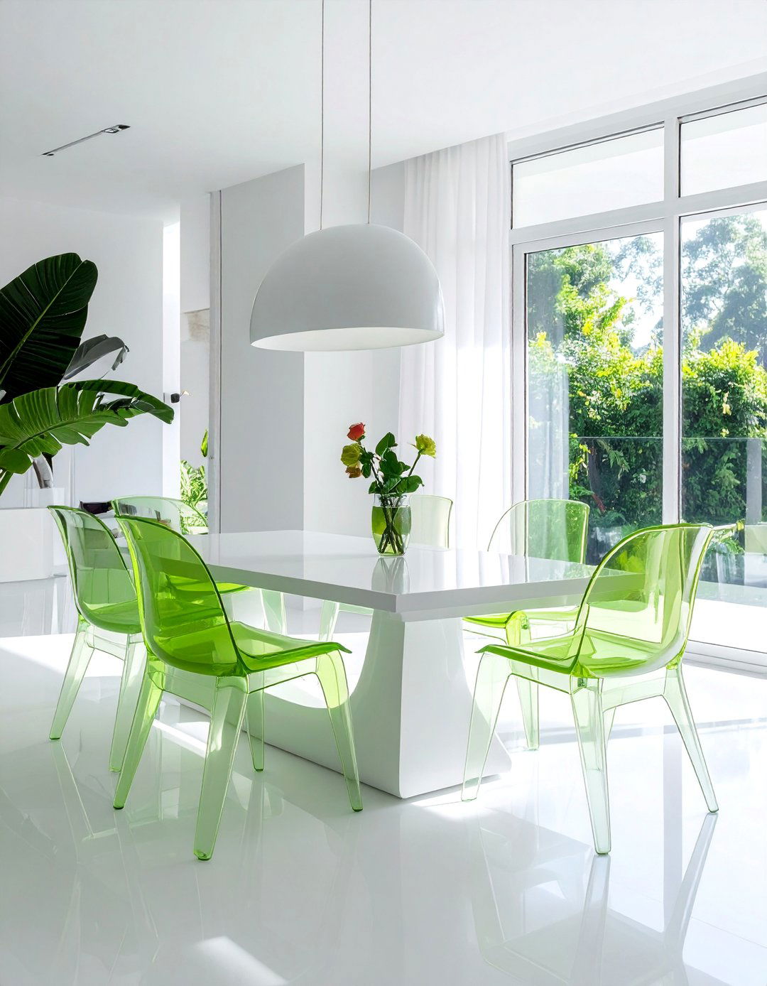 White Dining Room with Acrylic Ghost Chairs - 30 Elegant White Dining Room Ideas for a Timeless Look