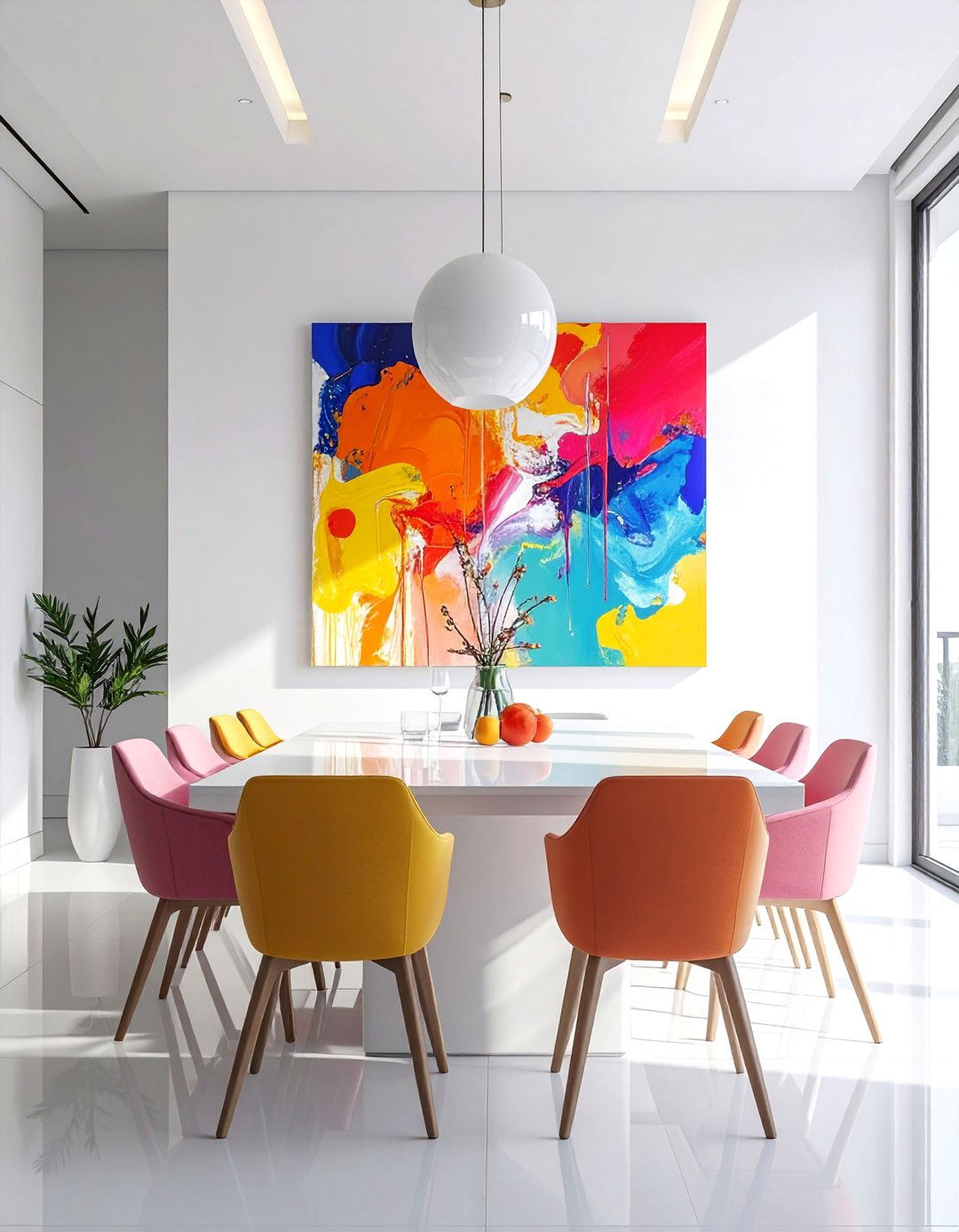 White Dining Room with Colorful Artwork - 30 Elegant White Dining Room Ideas for a Timeless Look