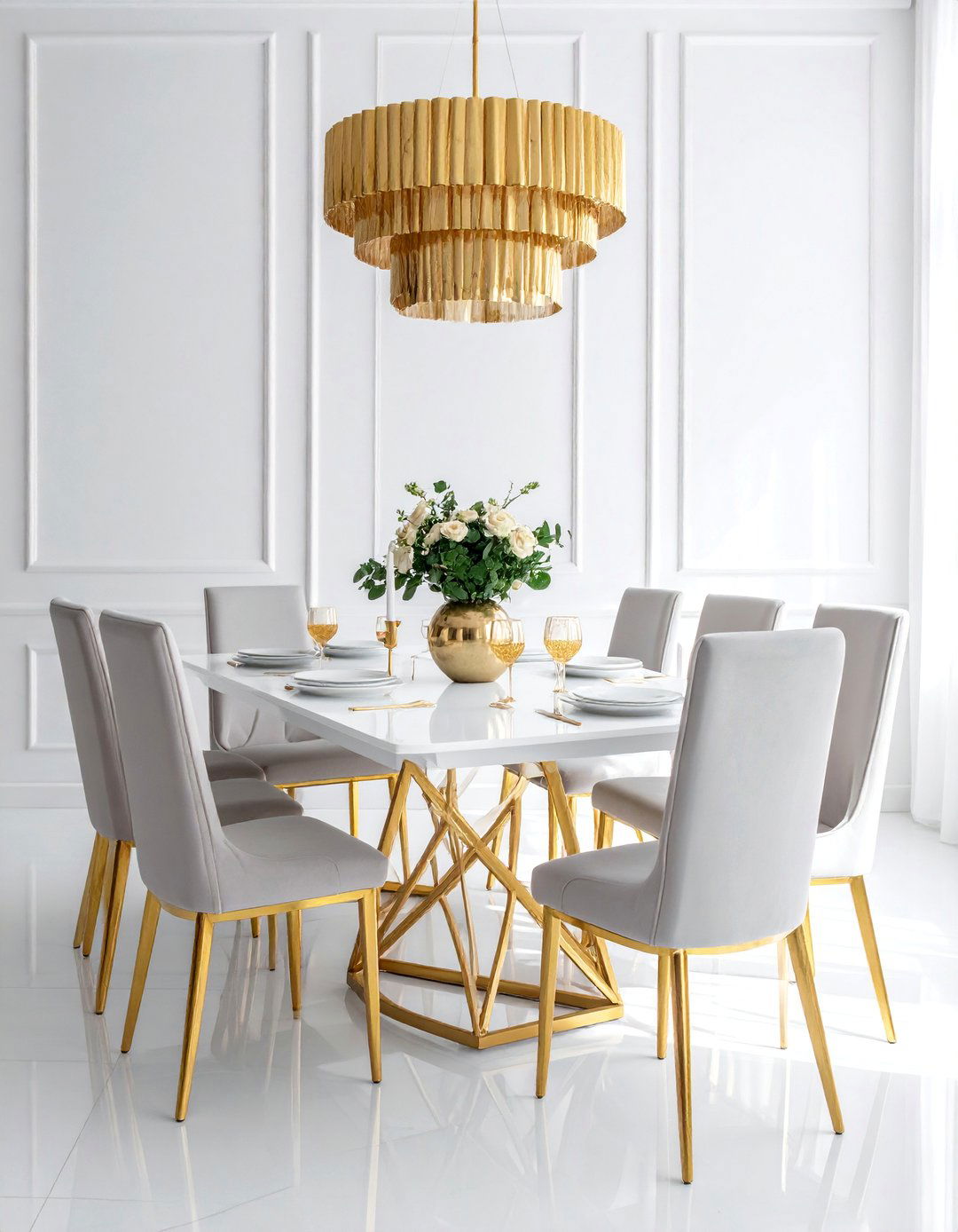 White Dining Room with Gold Metal Accents - 30 Elegant White Dining Room Ideas for a Timeless Look