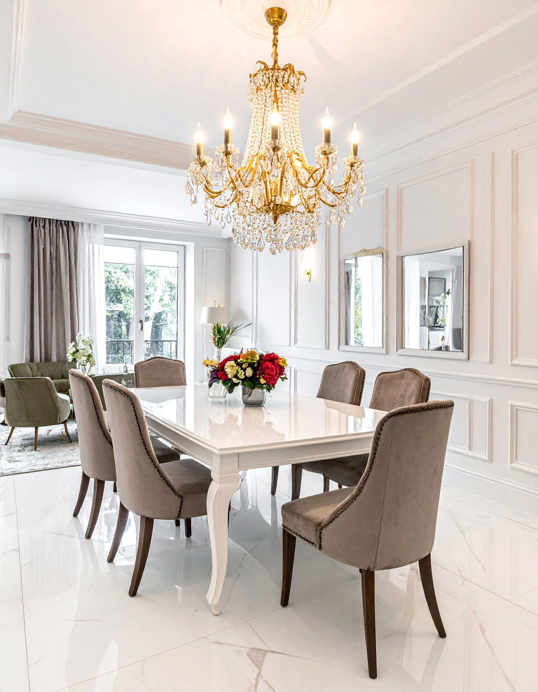 White Dining Room with a Crystal Chandelier - 30 Elegant White Dining Room Ideas for a Timeless Look