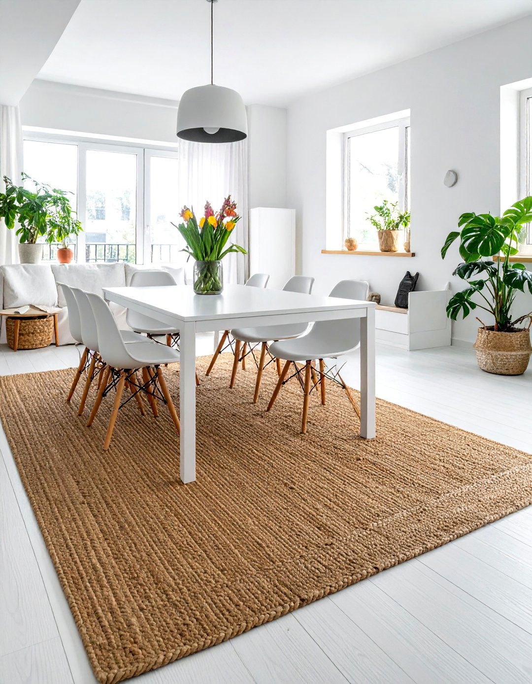 White Dining Room with a Large Area Rug - 30 Elegant White Dining Room Ideas for a Timeless Look