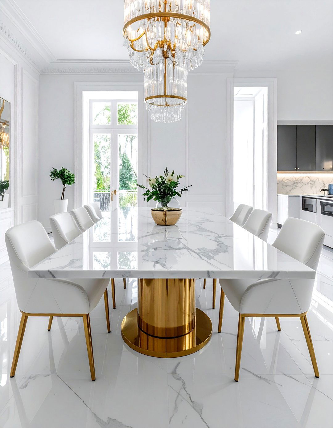 White Dining Room with a Marble Tabletop - 30 Elegant White Dining Room Ideas for a Timeless Look