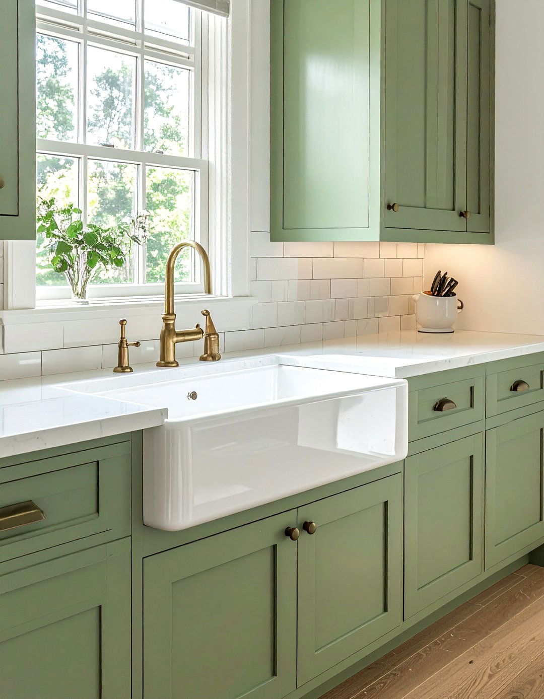 White Farmhouse Sink in a Sage Green Counter Surround - 25 Sage Green and White Kitchen Ideas for Timeless Style