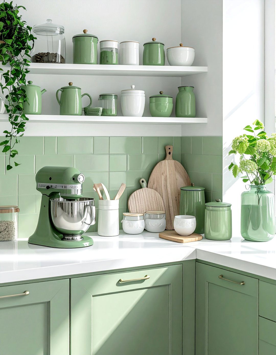White Kitchen with Sage Green Decor Accents - 25 Sage Green and White Kitchen Ideas for Timeless Style