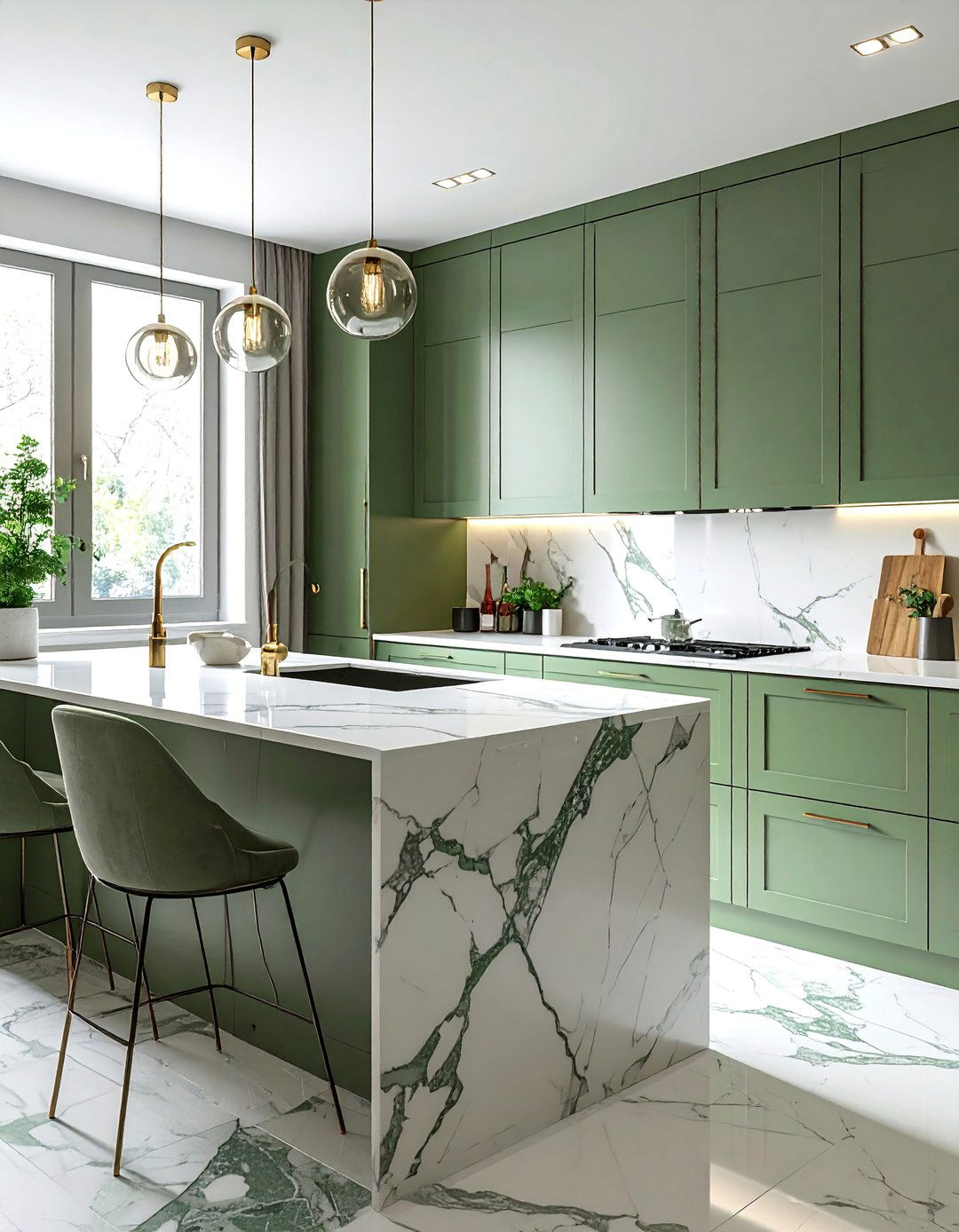White Marble Veins with Sage Green Accents - 25 Sage Green and White Kitchen Ideas for Timeless Style