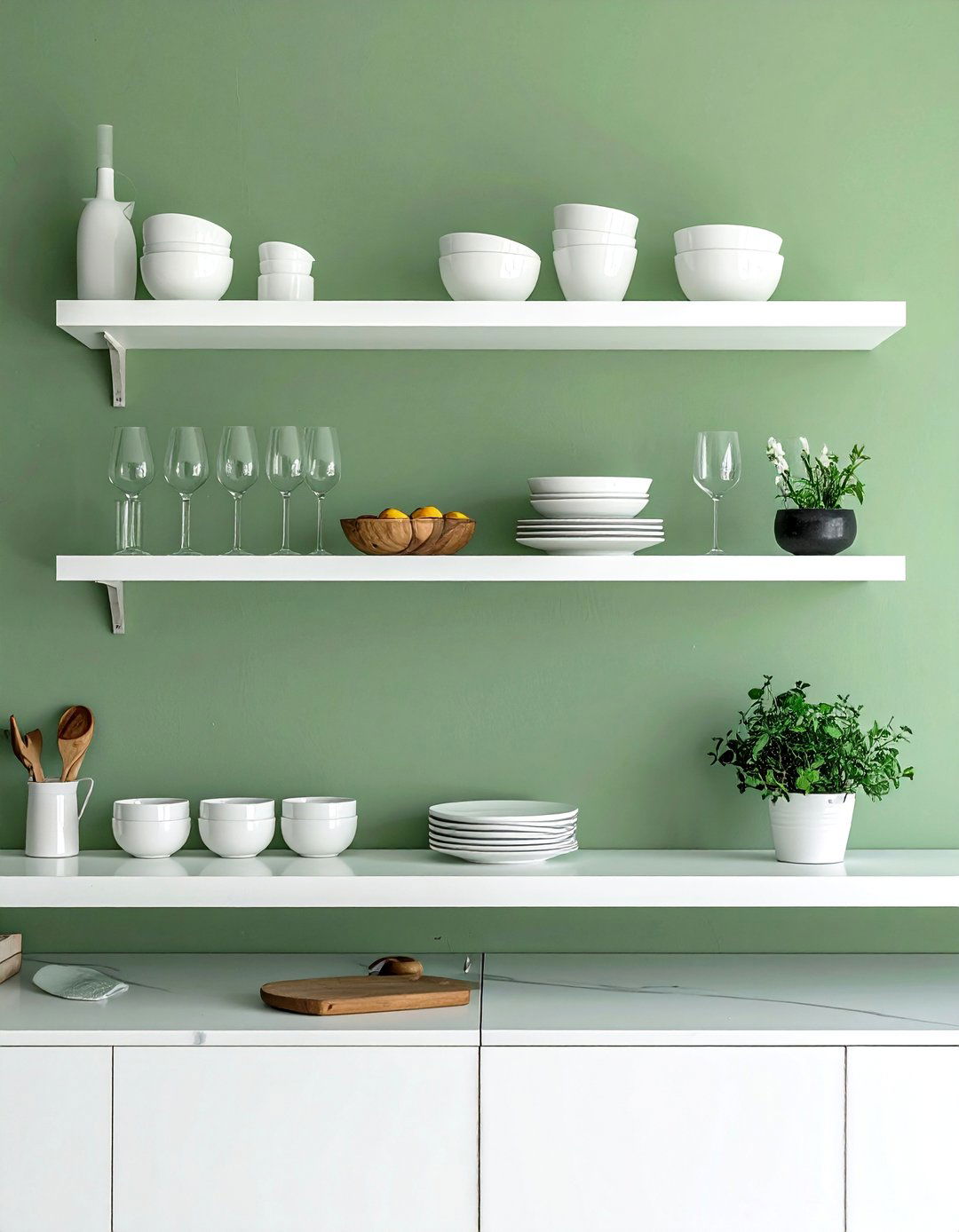 White Open Shelving on a Sage Green Wall - 25 Sage Green and White Kitchen Ideas for Timeless Style