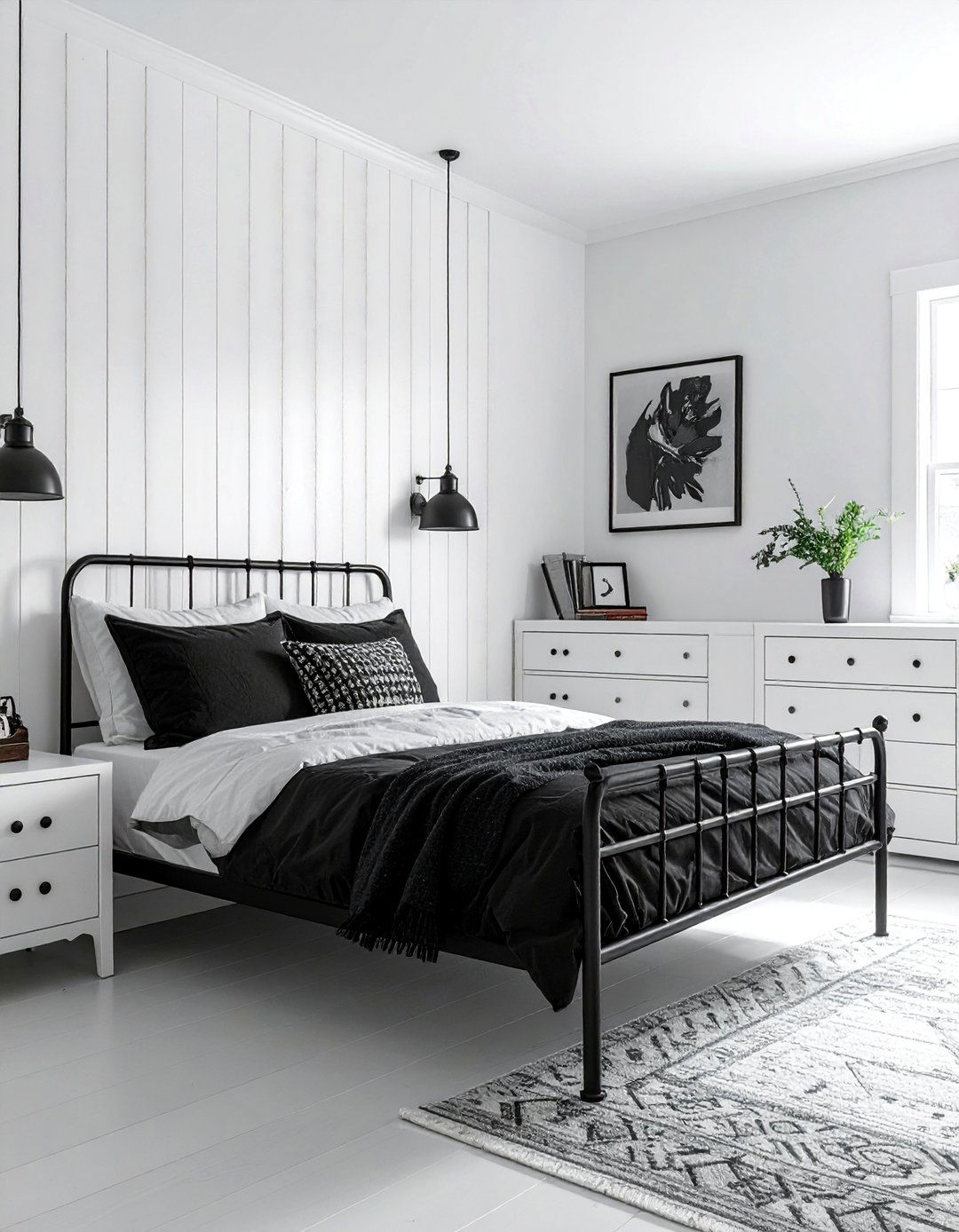 White Shiplap with Matte Black Hardware - 40 Black and White Bedroom Ideas for Elegance