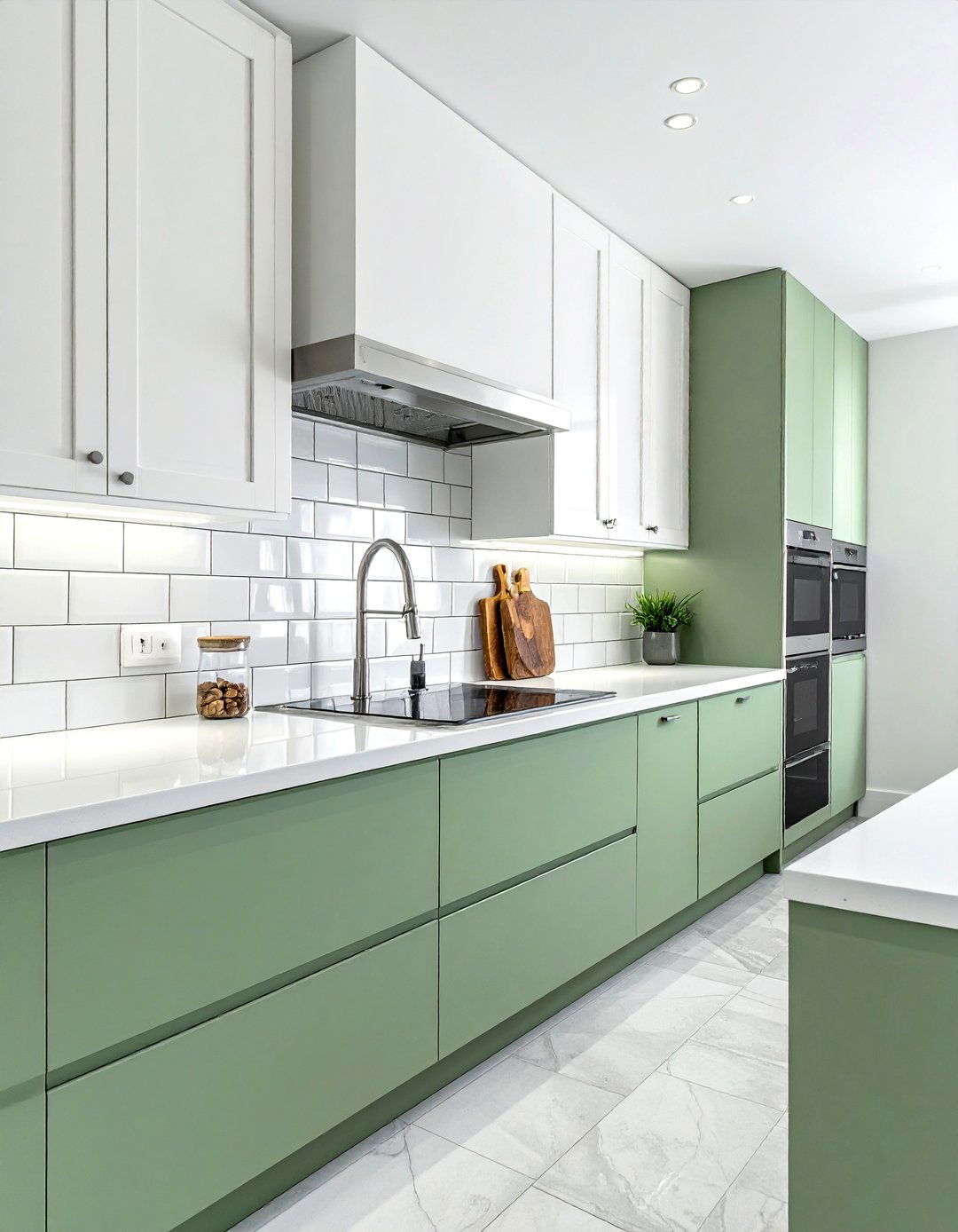 White Subway Tile with Sage Green Grout - 25 Sage Green and White Kitchen Ideas for Timeless Style