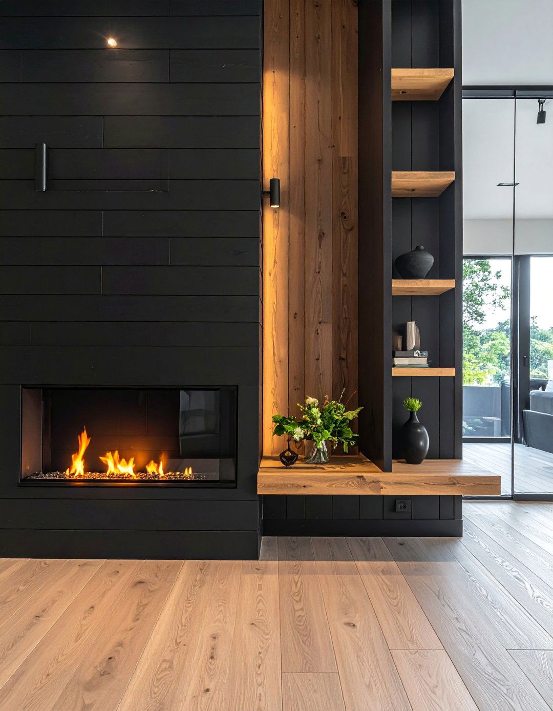 Wide Black Shiplap Fireplace with an Offset Mantel Shelf - 40 Black Shiplap Fireplace Ideas for a Bold and Cozy Focal Point