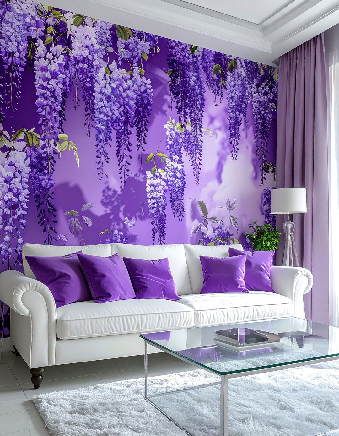 Wisteria Patterned Floral Wallpaper - 25 Purple Living Room Ideas for a Luxurious Vibe