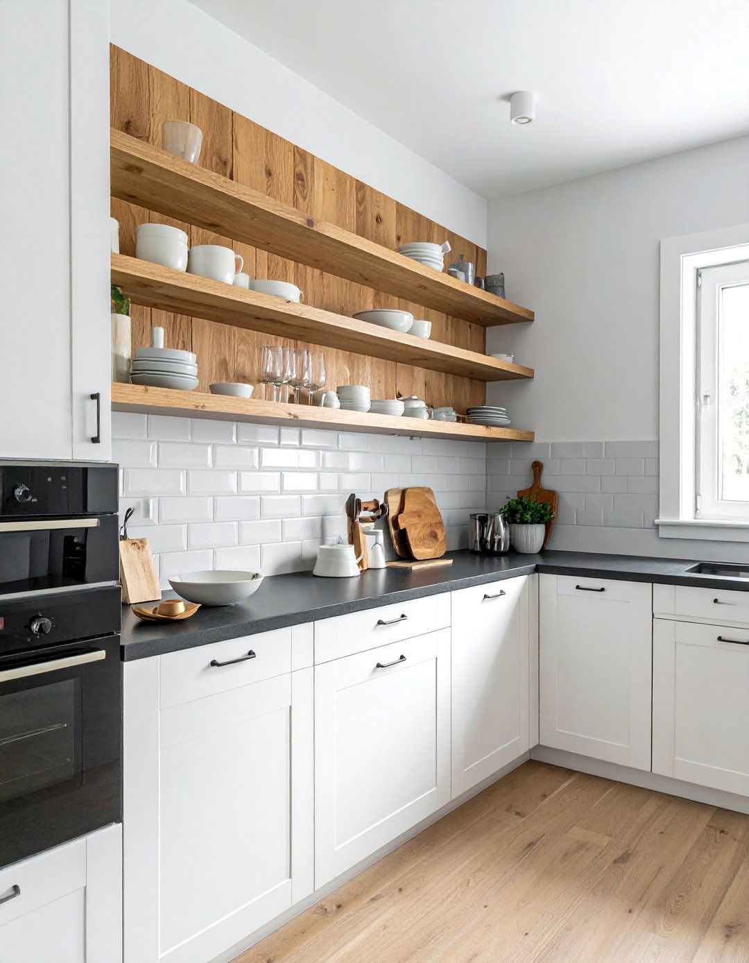Wood Accents and Open Shelving - 20 Kitchen With Dark Countertops and Light Cabinets
