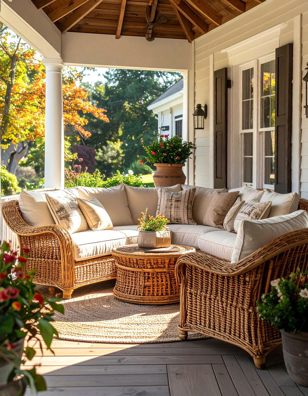 Woven Wicker Furniture Sets on a Rustic Front Porch - 25 Rustic Front Porch Ideas for a Welcoming Entryway