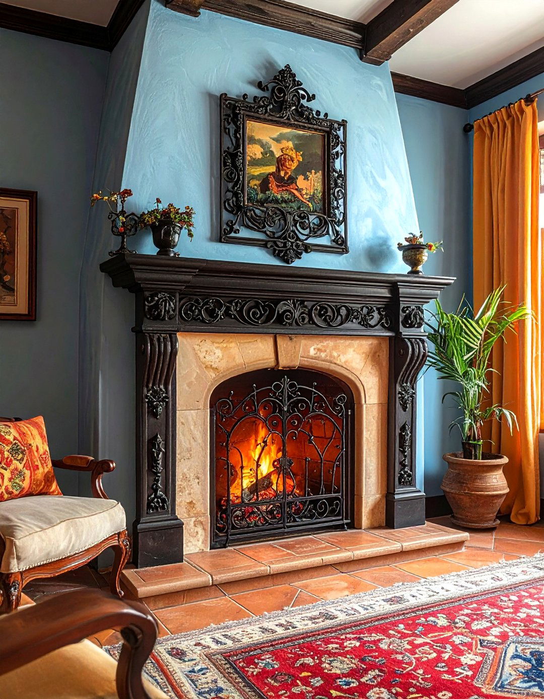 Wrought Iron Accented Fireplace - 25 Spanish Style Fireplace Ideas for a Warm Ambiance