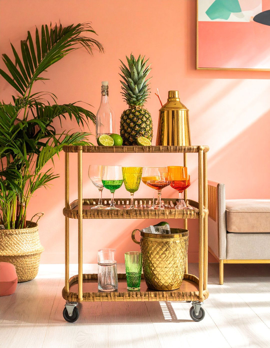 A Bar Cart Styled with Tropical Flair - 25 Tropical Living Room Ideas for a Relaxing Vibe