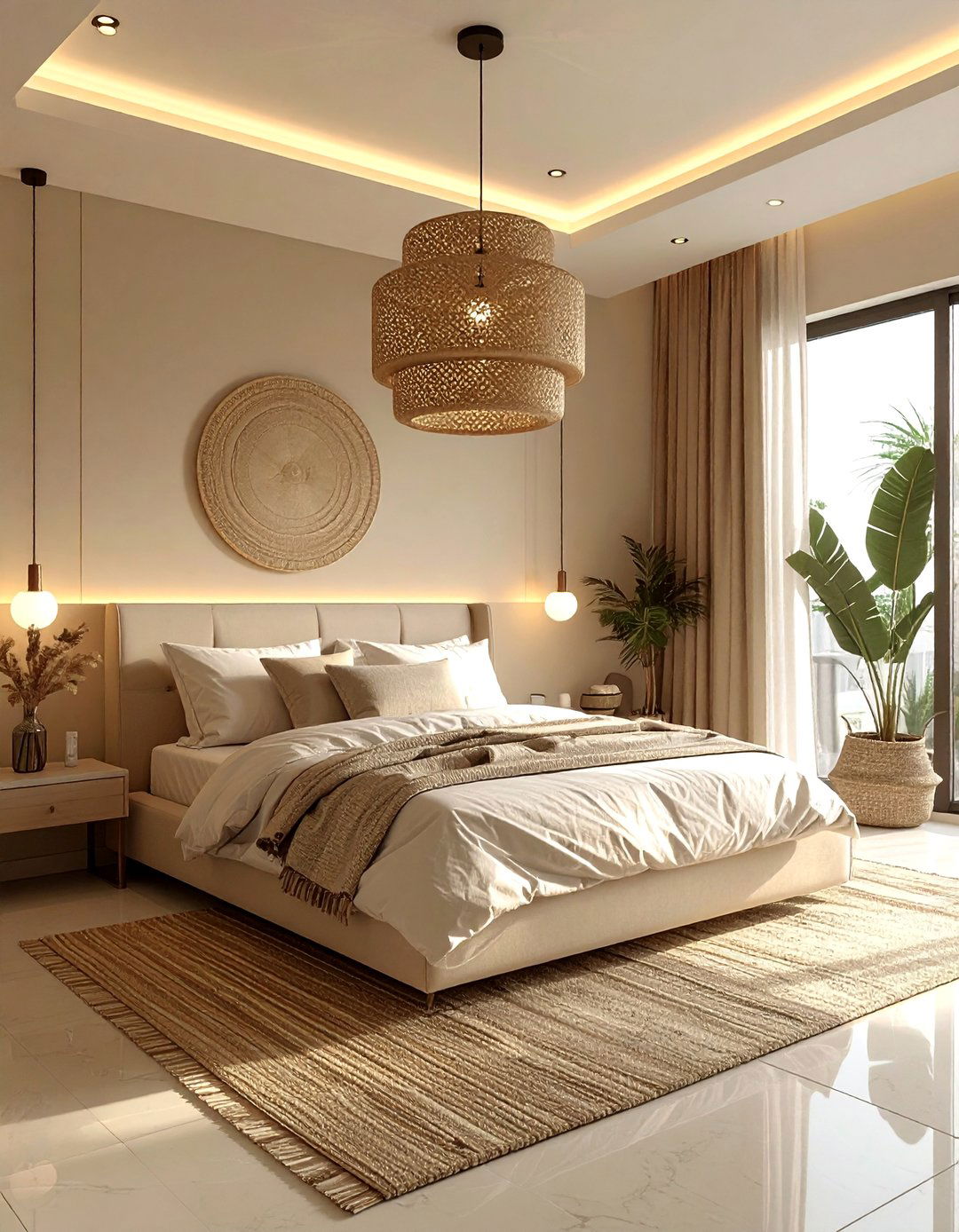 A Beige Bedroom Featuring Statement Lighting - 30 Beige Bedroom Ideas for a Serene Retreat