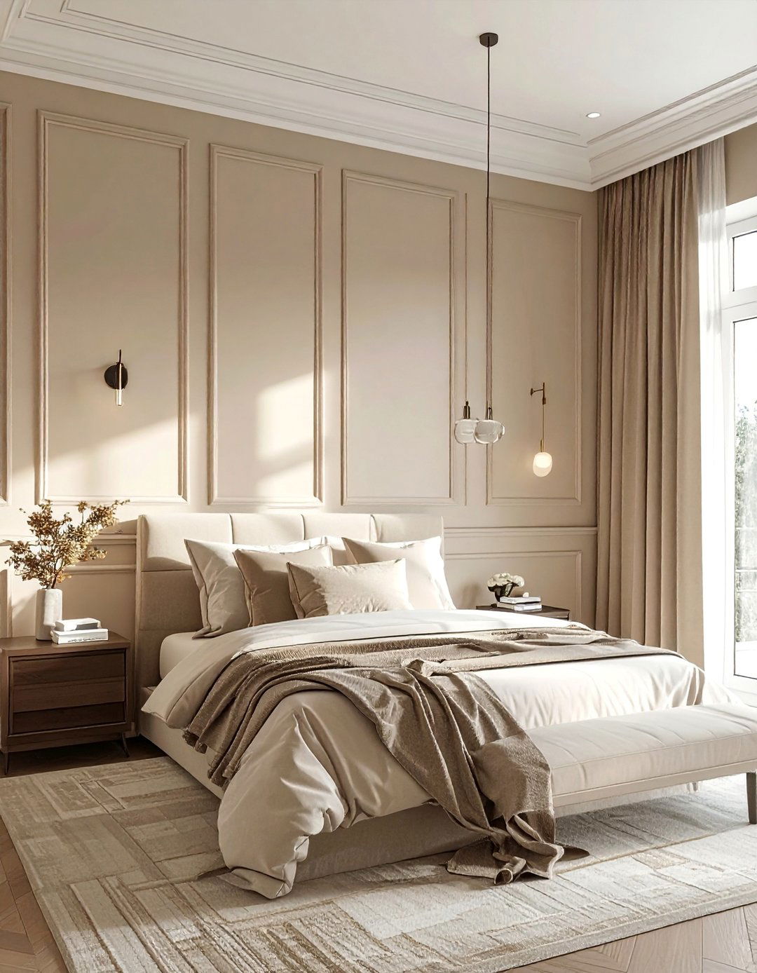 A Beige Bedroom Featuring Wall Paneling - 30 Beige Bedroom Ideas for a Serene Retreat