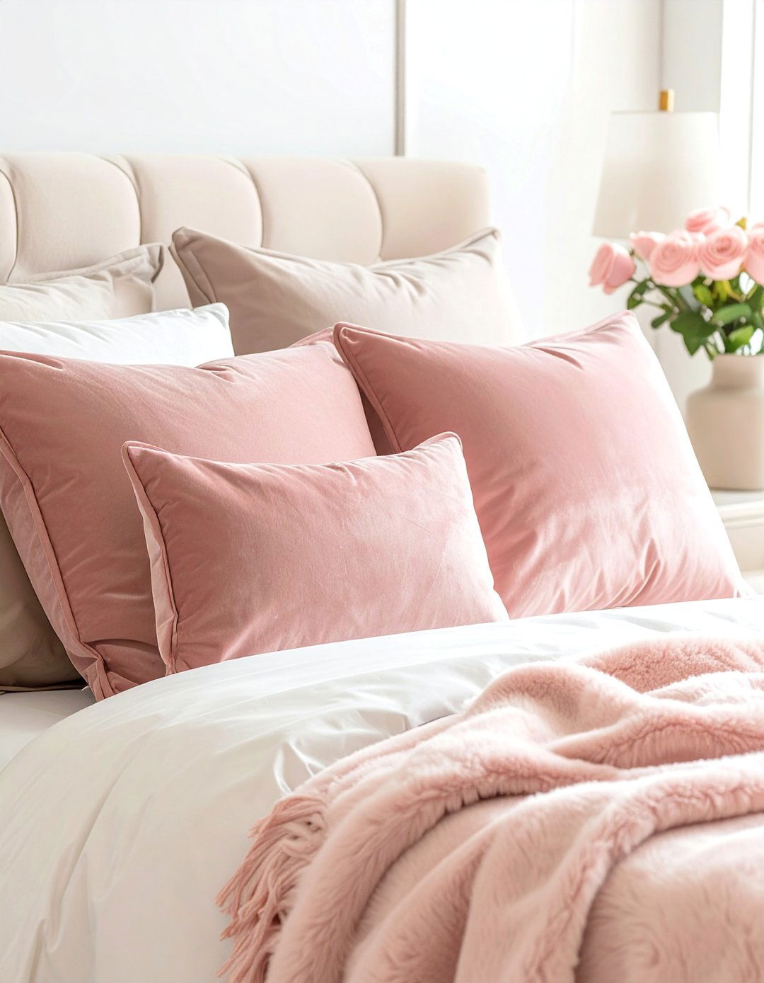 A Beige Bedroom with Delicate Blush Pink Accents - 30 Beige Bedroom Ideas for a Serene Retreat
