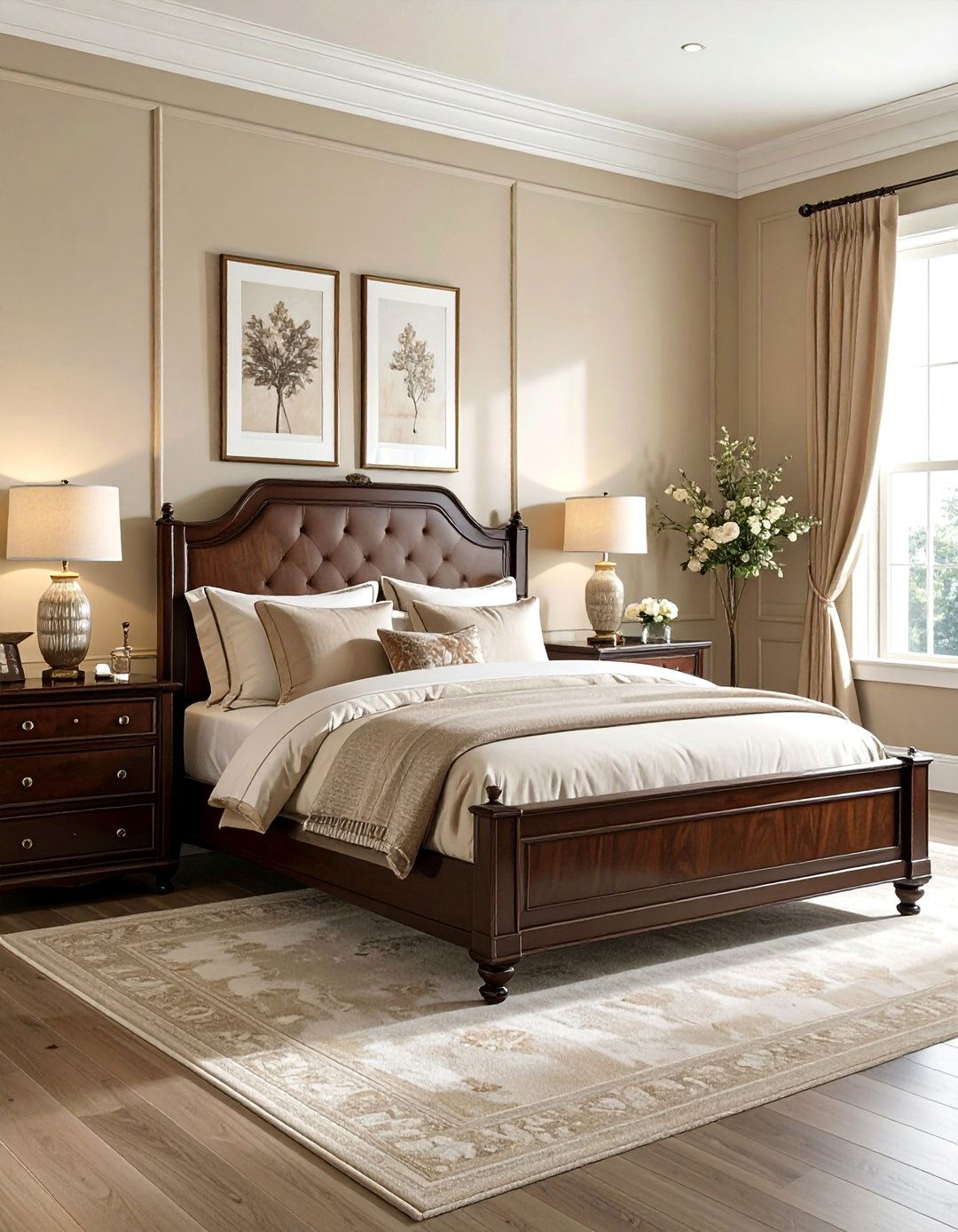 A Beige Bedroom with Rich Dark Wood Furniture - 30 Beige Bedroom Ideas for a Serene Retreat