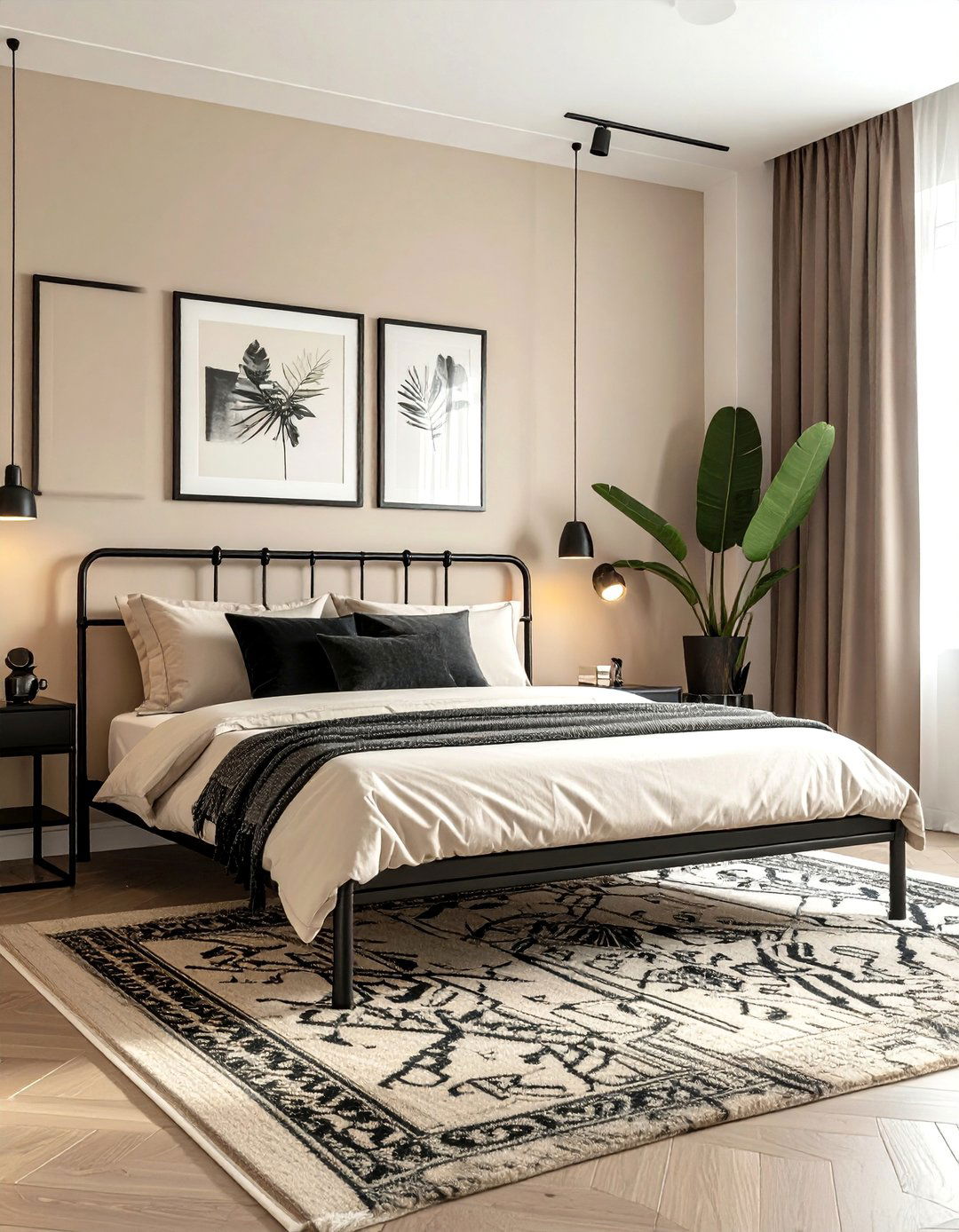 A Beige Bedroom with Striking Black Accents - 30 Beige Bedroom Ideas for a Serene Retreat