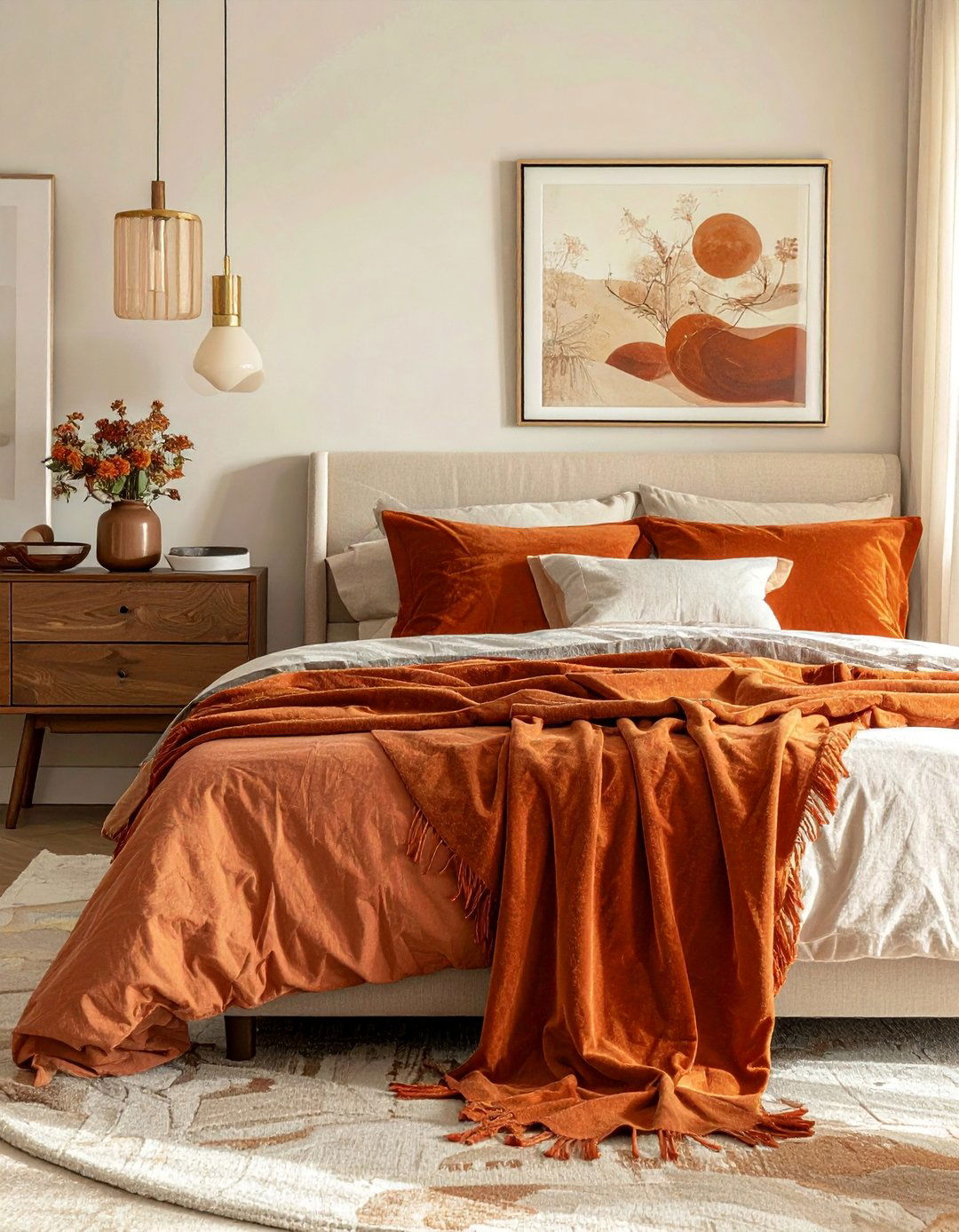 A Beige Bedroom with Touches of Burnt Orange - 30 Beige Bedroom Ideas for a Serene Retreat