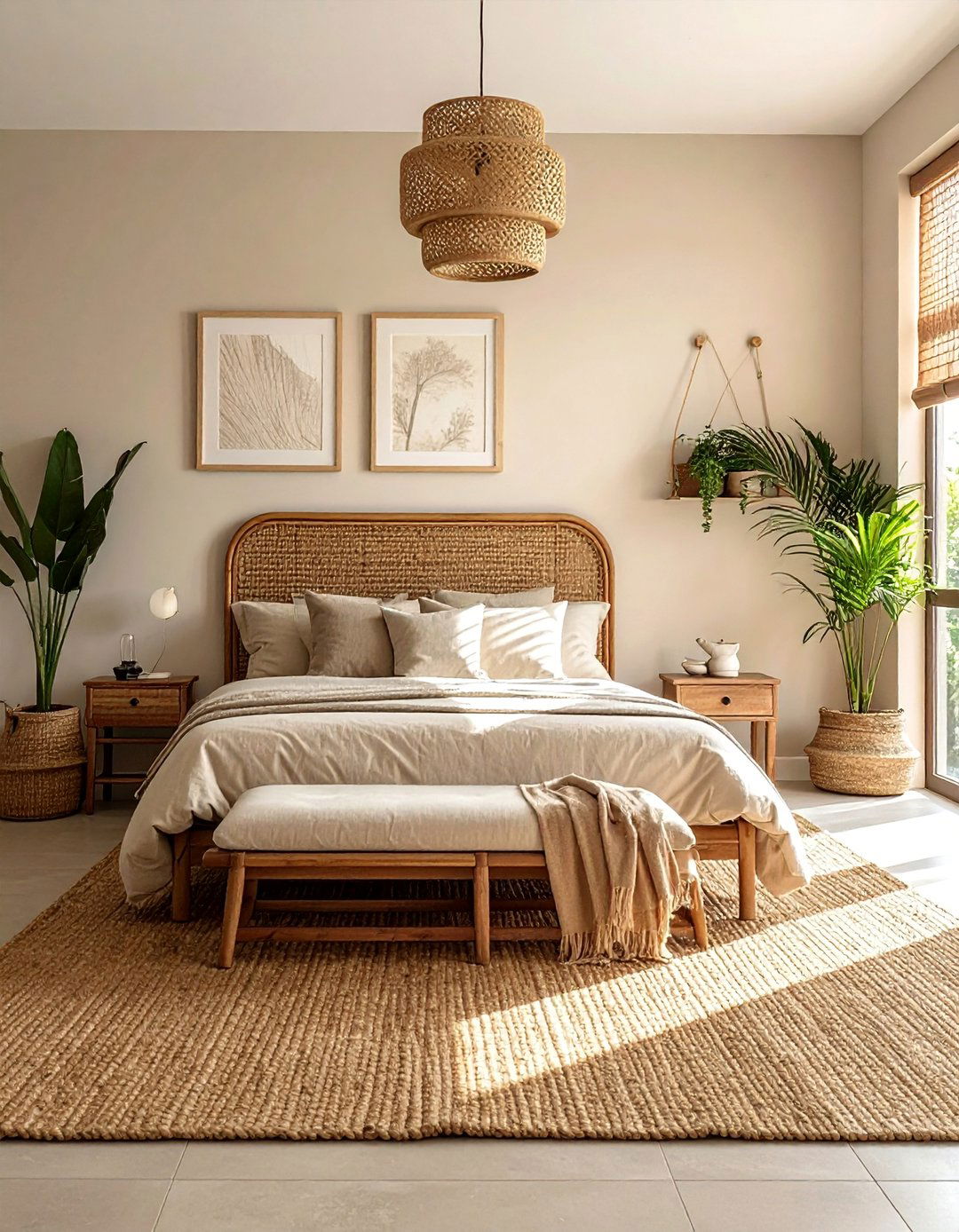 A Beige Bedroom with Woven Textures - 30 Beige Bedroom Ideas for a Serene Retreat