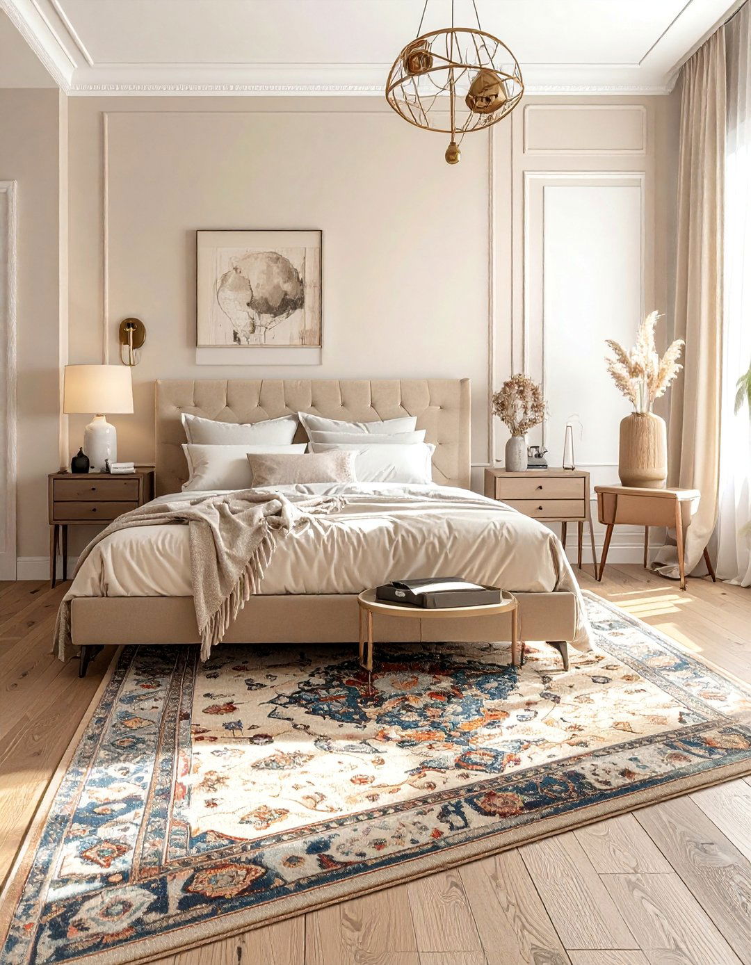 A Beige Bedroom with a Patterned Rug - 30 Beige Bedroom Ideas for a Serene Retreat