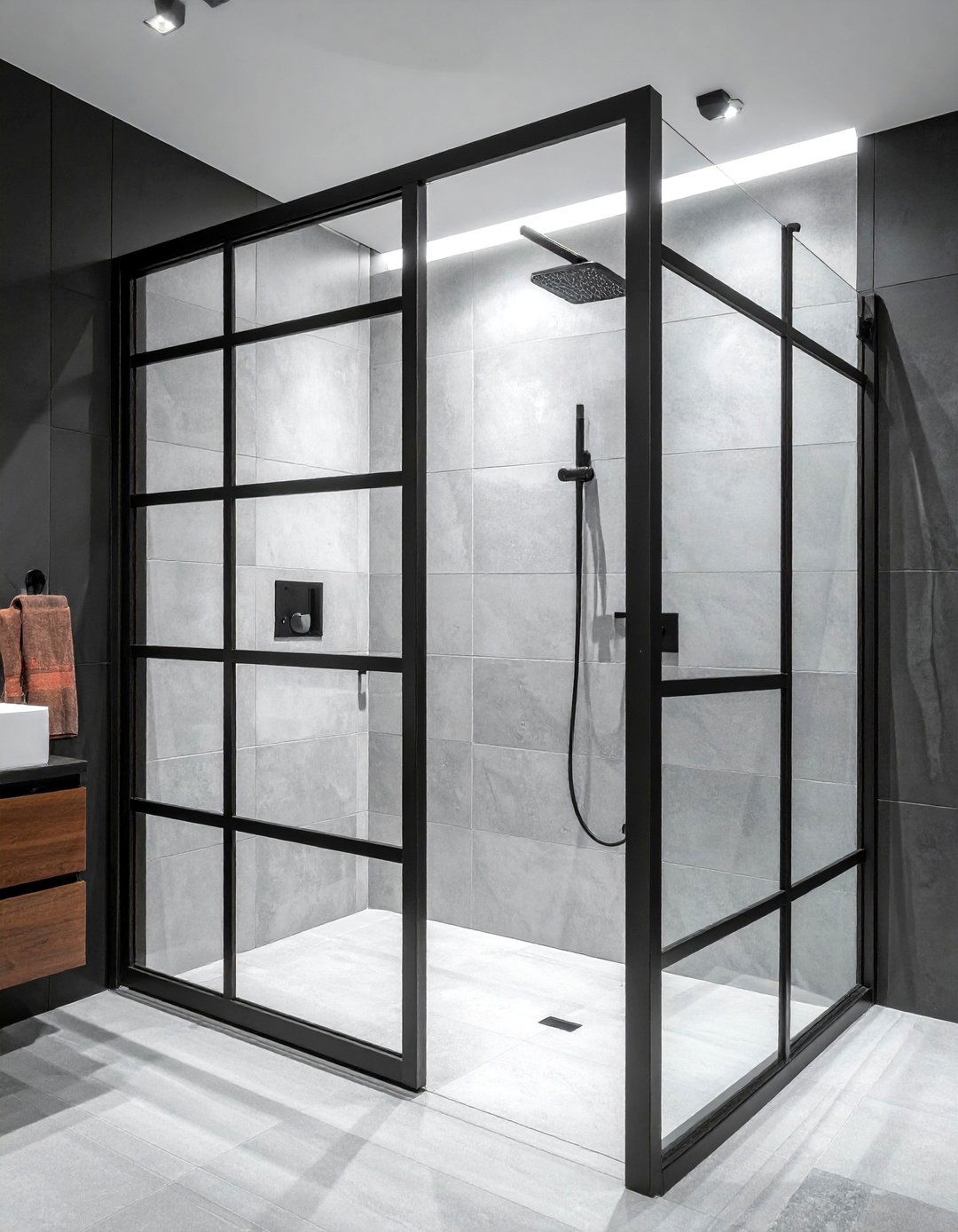 A Black Framed Glass Shower Screen - 20 Black and Grey Bathroom Ideas for a Stylish Retreat
