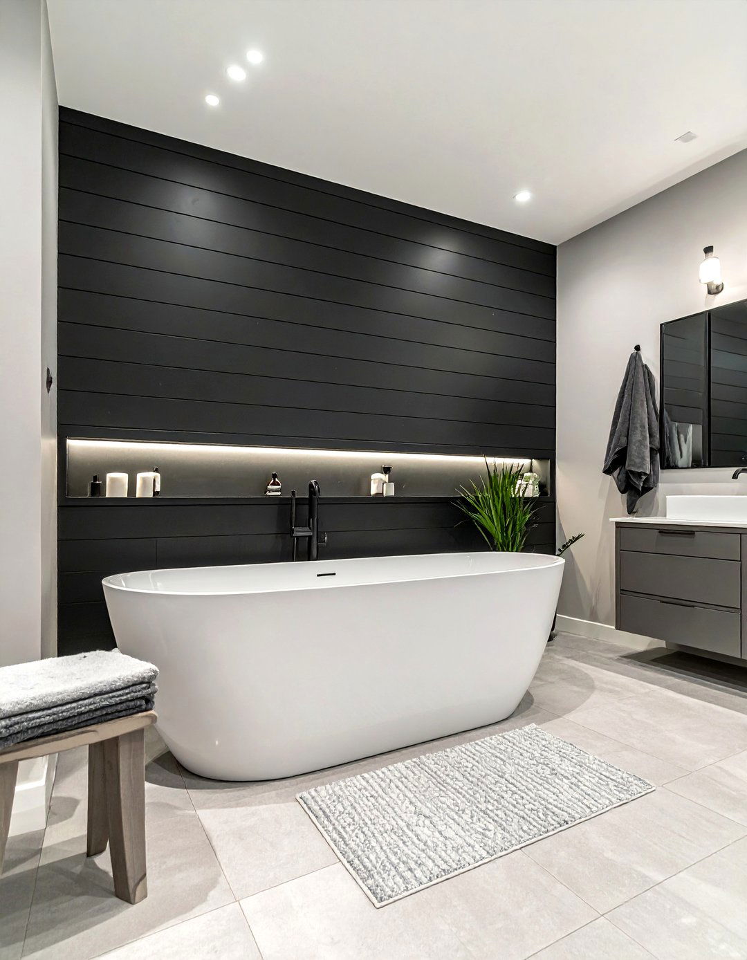 A Black Shiplap Accent Wall - 20 Black and Grey Bathroom Ideas for a Stylish Retreat