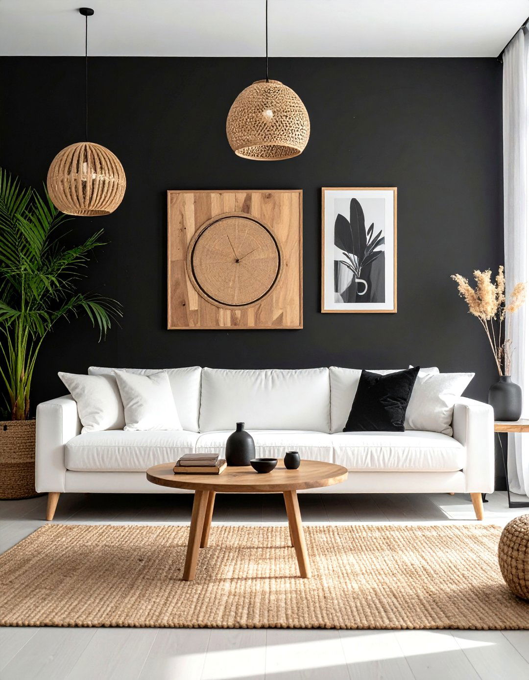 A Bold Black Accent Wall - 20 Black and White Boho Living Room Ideas for a Cozy Vibe