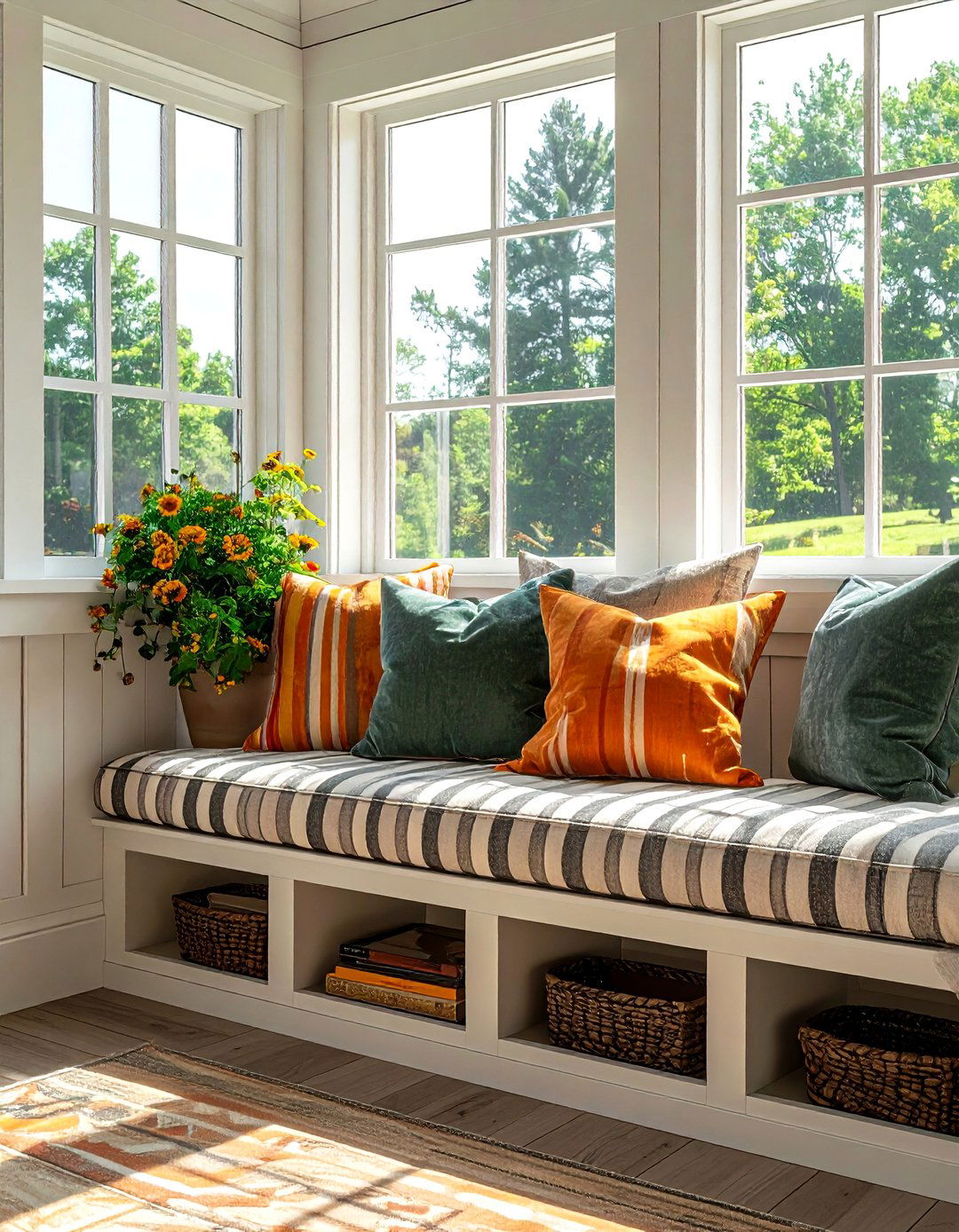 A Built In Window Seat - 25 Farmhouse Sunroom Ideas for a Cozy Retreat
